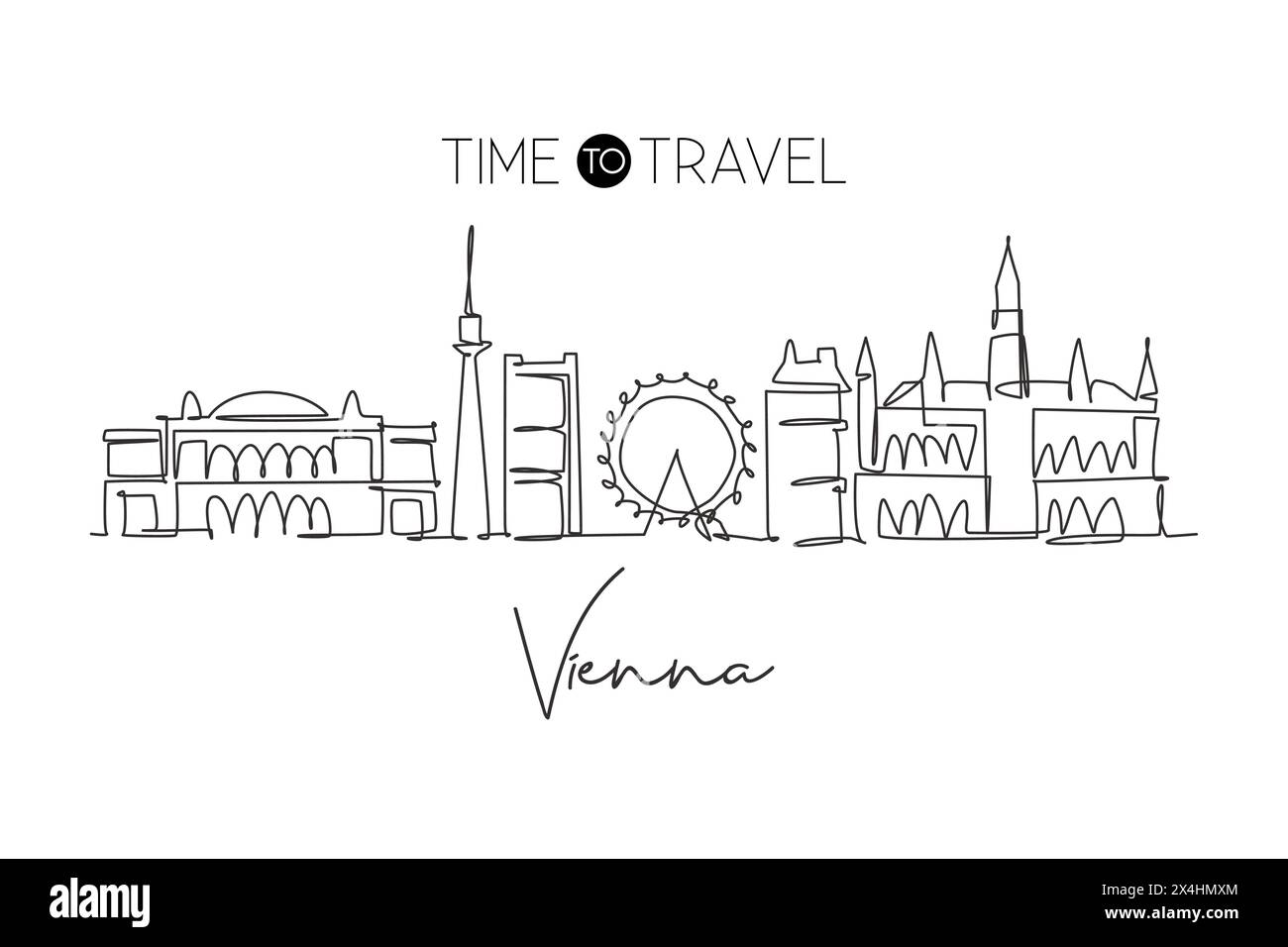 One continuous line drawing of Vienna city skyline, Austria. Beautiful landmark. World landscape tourism travel vacation poster. Editable stylish art Stock Vector