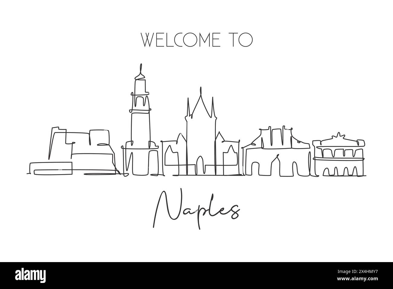 One single line drawing of Naples city skyline, Italy. Historical