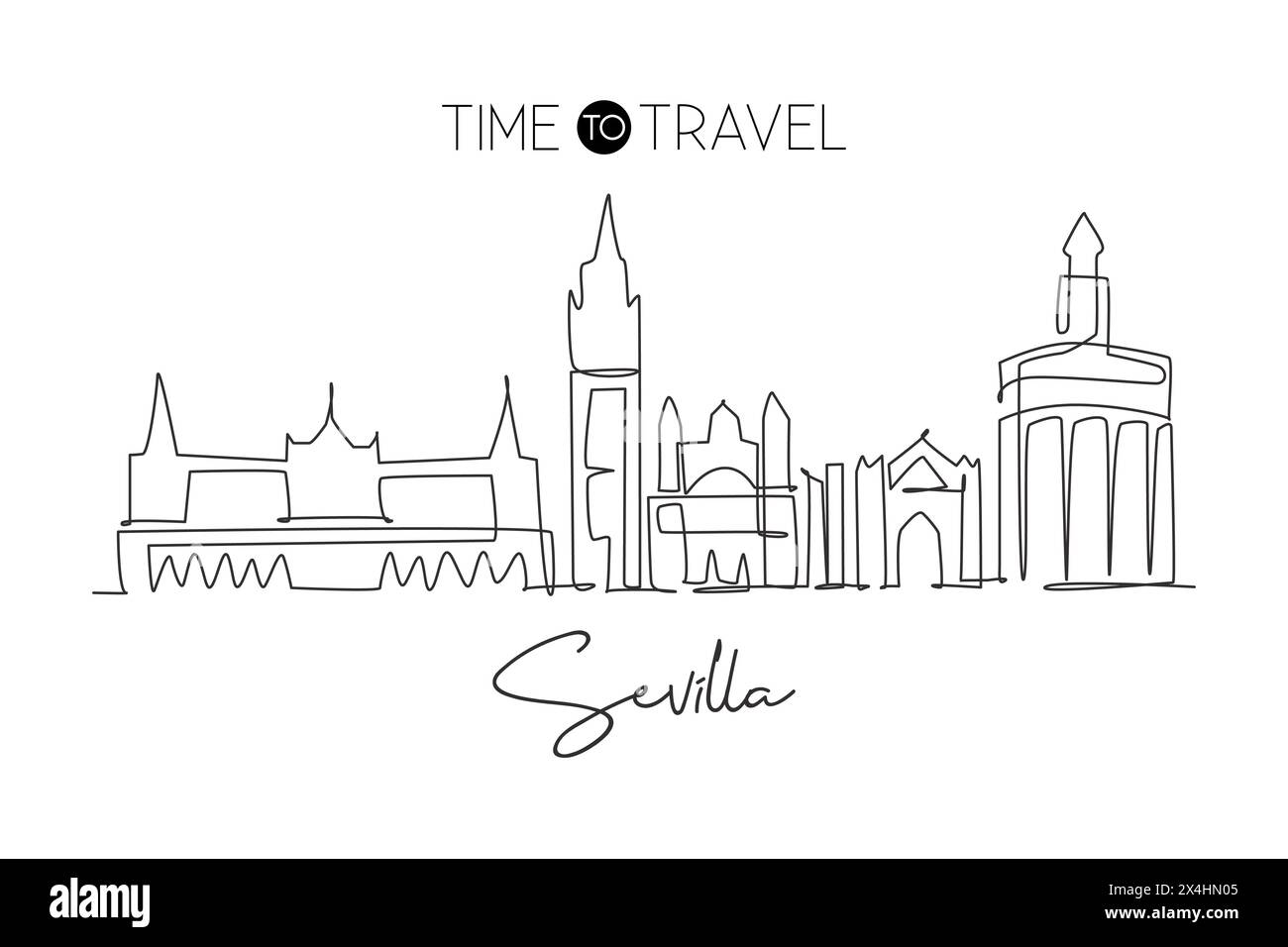 One single line drawing of Sevilla city skyline, Spain. Historical skyscraper landscape in world postcard. Best holiday destination wall decor poster. Stock Vector
