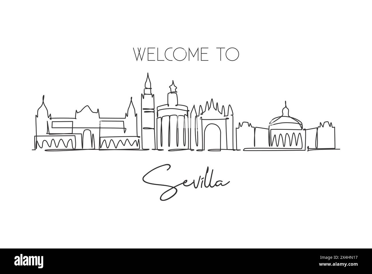 One continuous line drawing of Sevilla city skyline, Spain. Beautiful skyscraper. World landscape tourism travel vacation wall decor poster concept. S Stock Vector