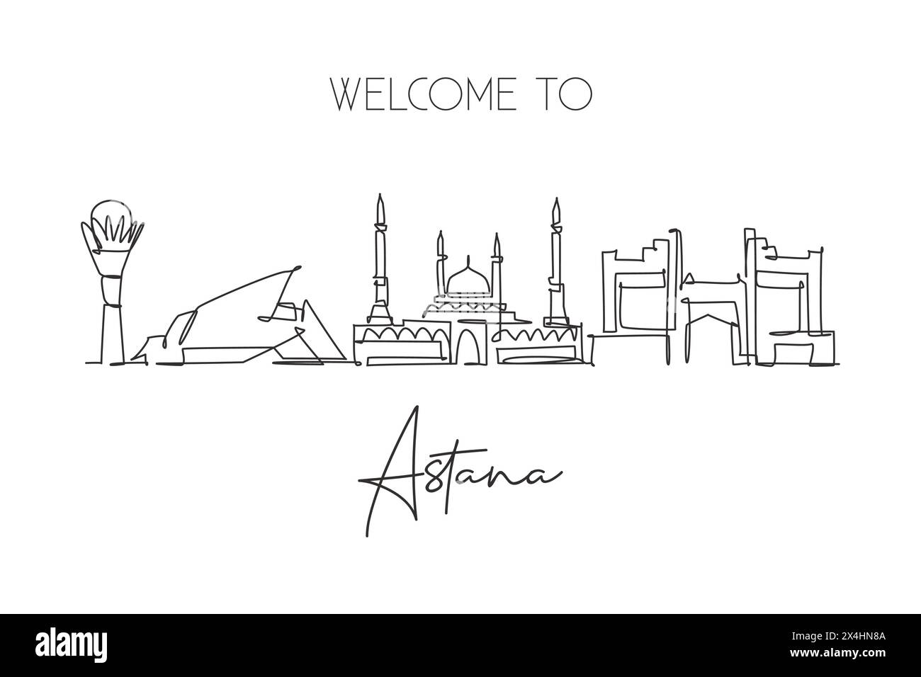 Single continuous line drawing of Nur Sultan, Astana city skyline, Kazakhstan. Famous city landscape. World travel concept home wall decor poster prin Stock Vector