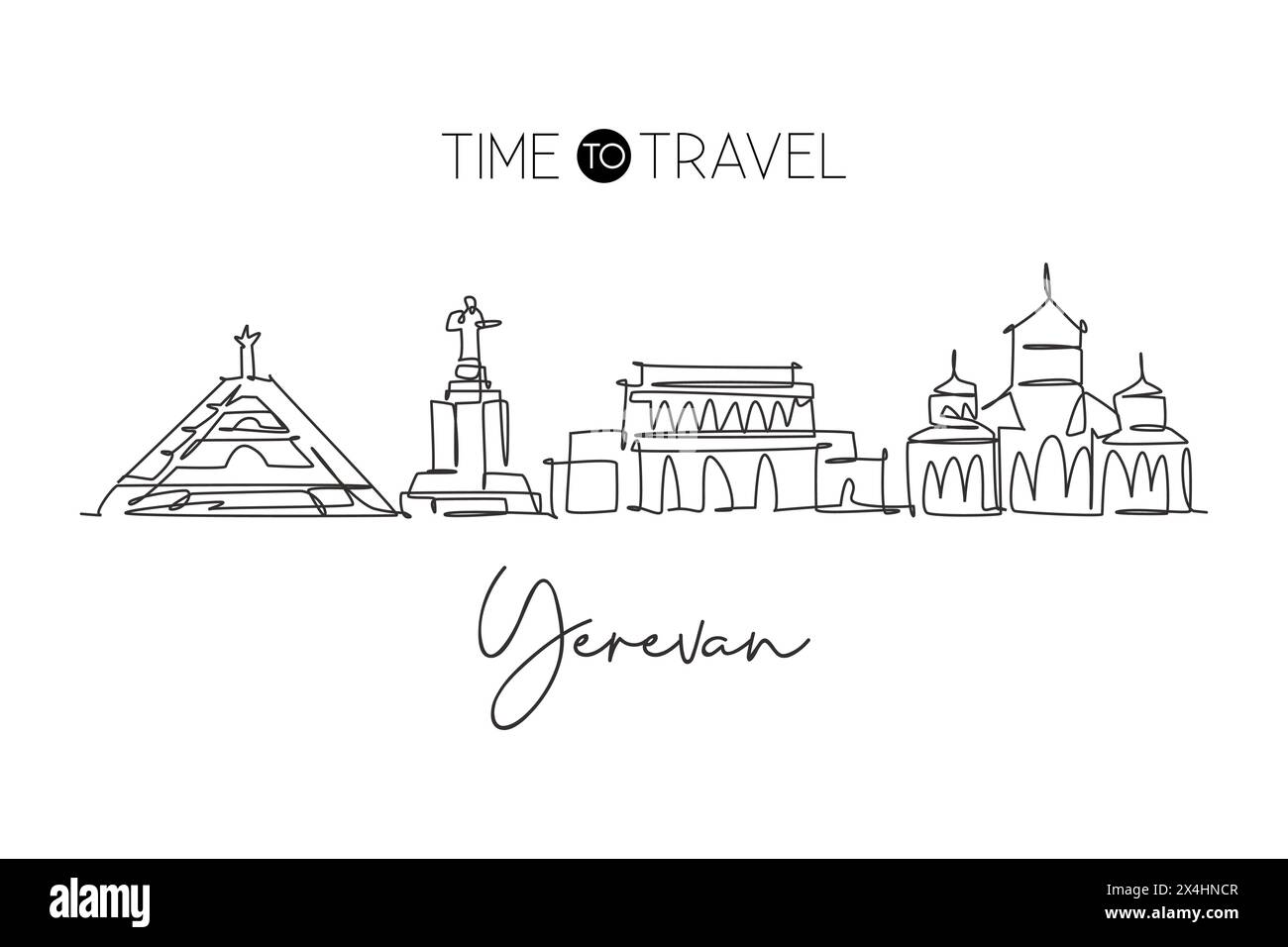Single continuous line drawing of Yerevan city skyline, Armenia. Famous
