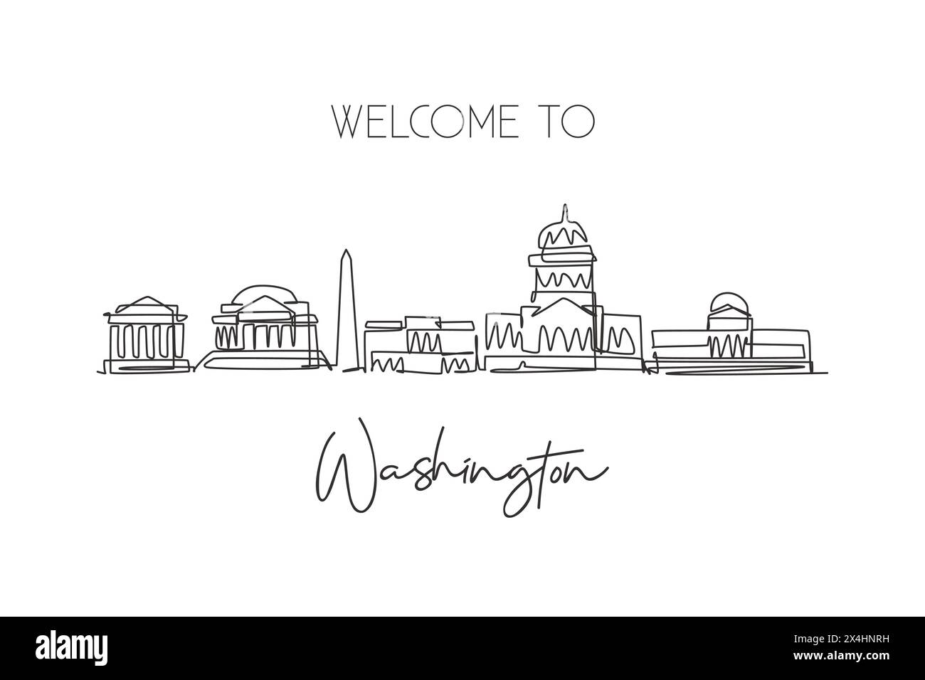 One continuous line drawing of Washington city skyline, United States