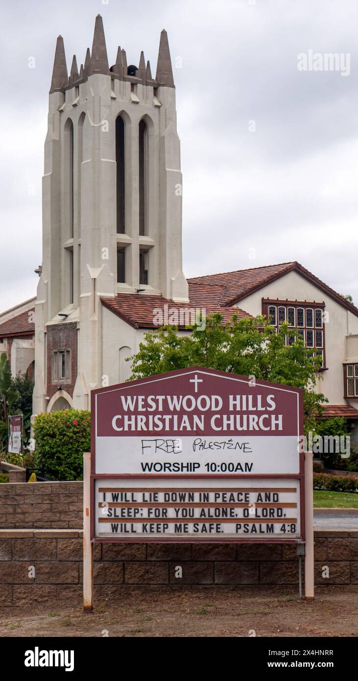 Los Angeles, USA. 3rd May, 2024. Graffiti reading 'Free Palestine' written on the sign of the Westwood Hills Christian Church near the UCLA campus in Westwood, Los Angeles, California. Student protesters had established an encampment on the quad near Royce Hall, which was cleared early yesterday by law enforcement. Credit: Stu Gray/Alamy Live News. Stock Photo