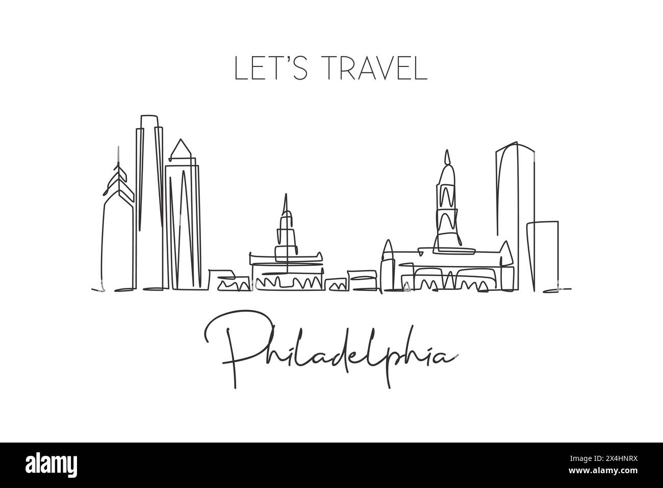 Single continuous line drawing of Philadelphia city skyline, United States of America. Famous landscape. World travel poster print art. Editable strok Stock Vector