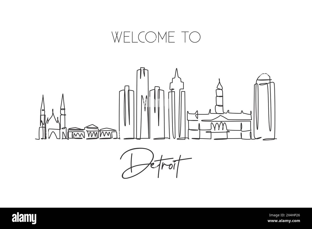 One single line drawing of Detroit city skyline, United States. Historical town landscape. Best holiday destination home wall decor poster print. Tren Stock Vector