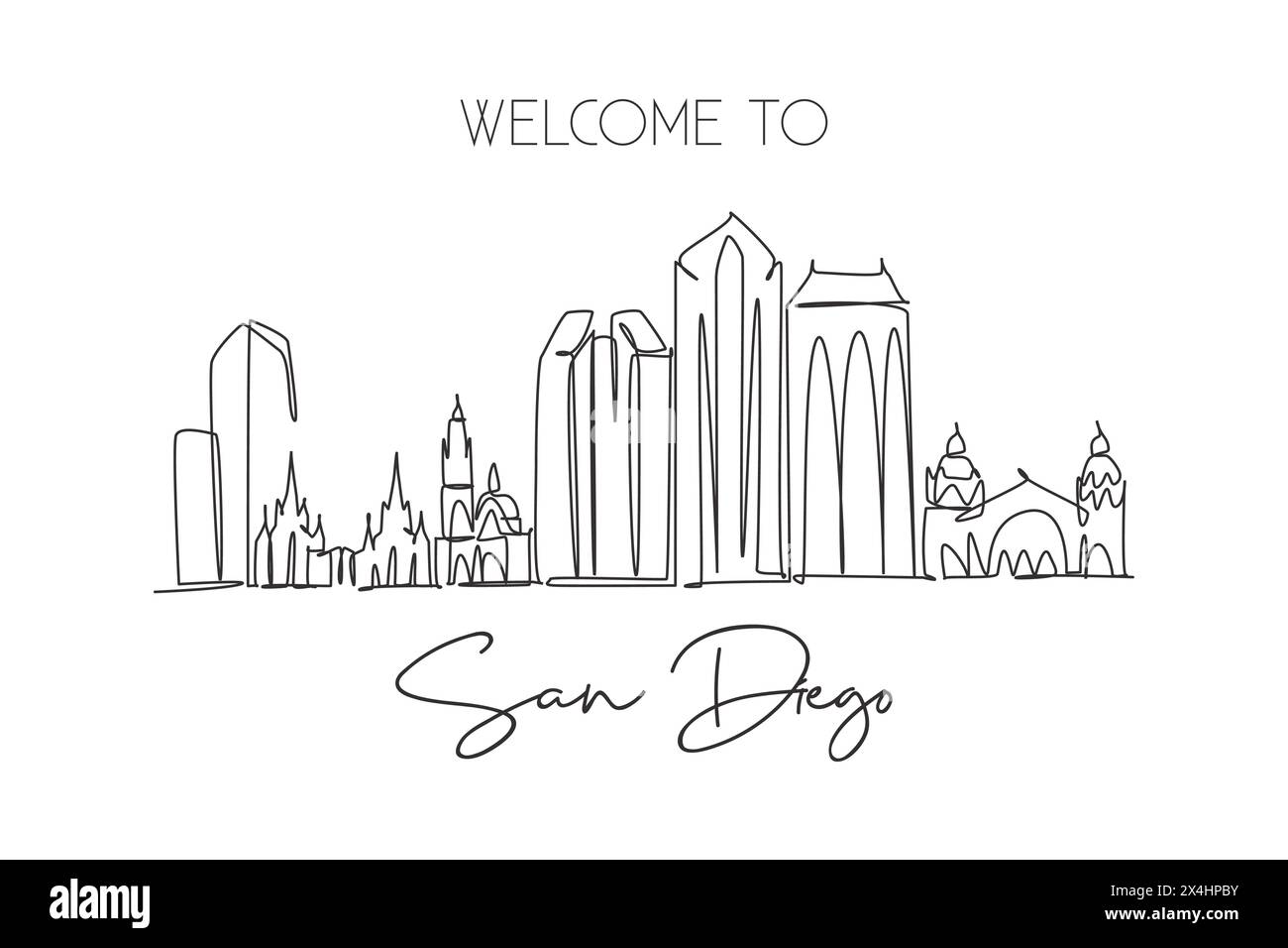 Single continuous line drawing of San Diego city skyline, USA. Famous