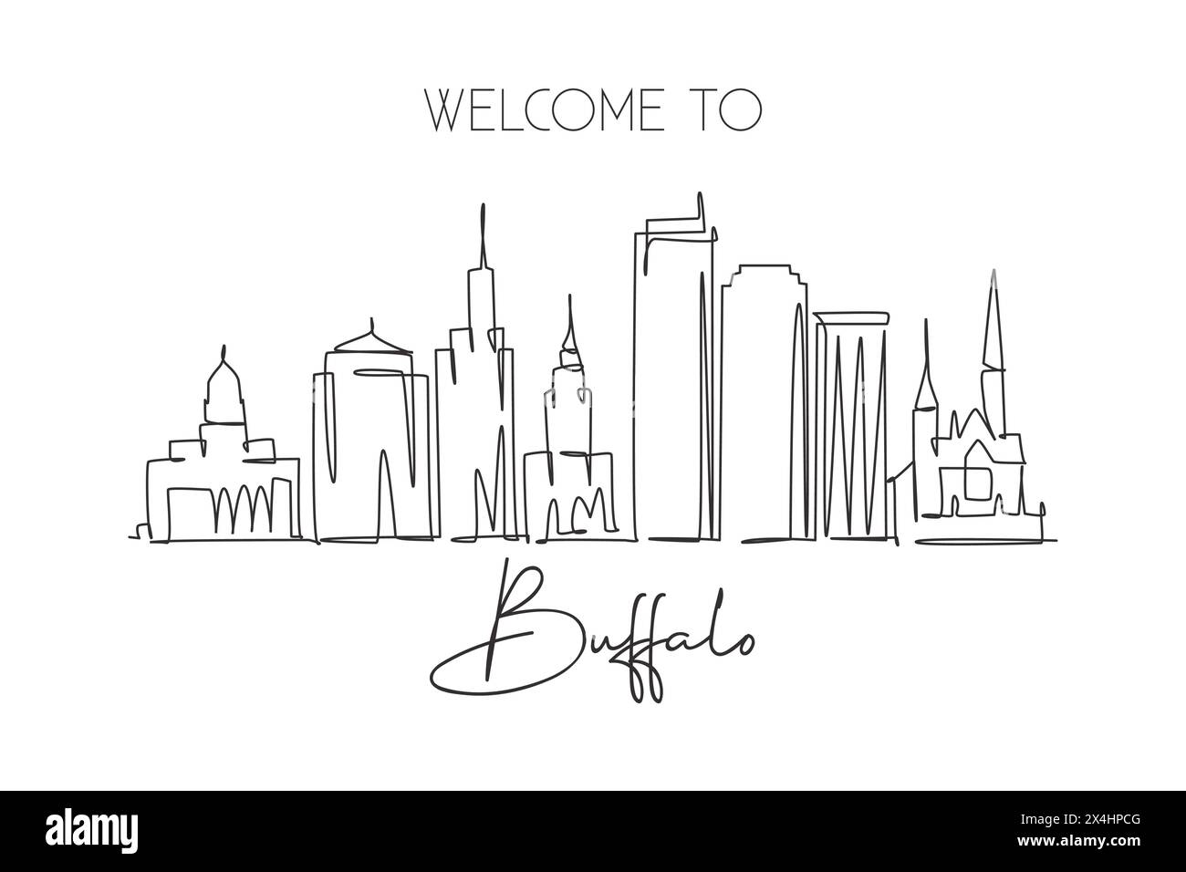 Single continuous line drawing of Buffalo city skyline, USA. Famous city scraper and landscape. World travel concept home wall decor poster print art. Stock Vector