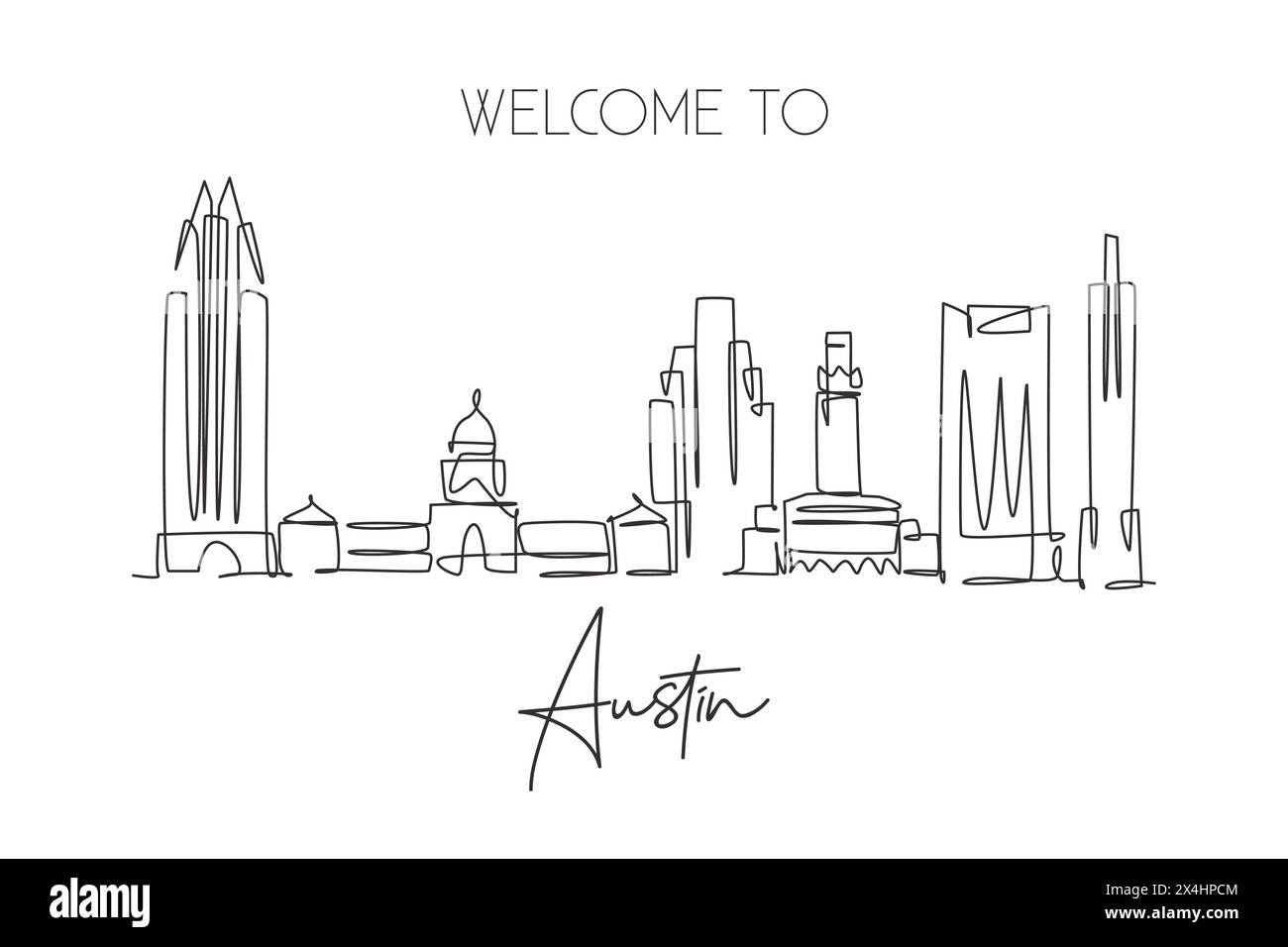 One single line drawing of Austin city skyline, United States. Historical town landscape in the world. Best holiday destination. Editable stroke trend Stock Vector