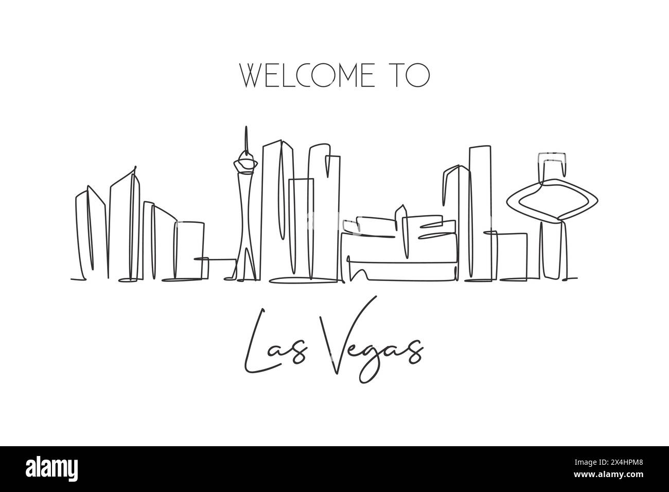 Single continuous line drawing of Las Vegas city skyline, USA. Famous city scraper and landscape. World travel concept poster print art. Editable stro Stock Vector