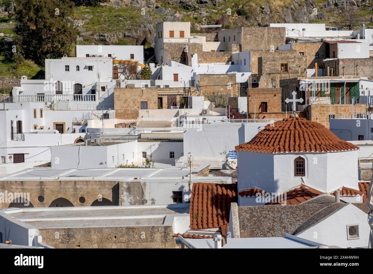 View of the white houses of Lindos, Rhodes, Dodecanese archipelago, Greek Islands, Greece Stock Photo