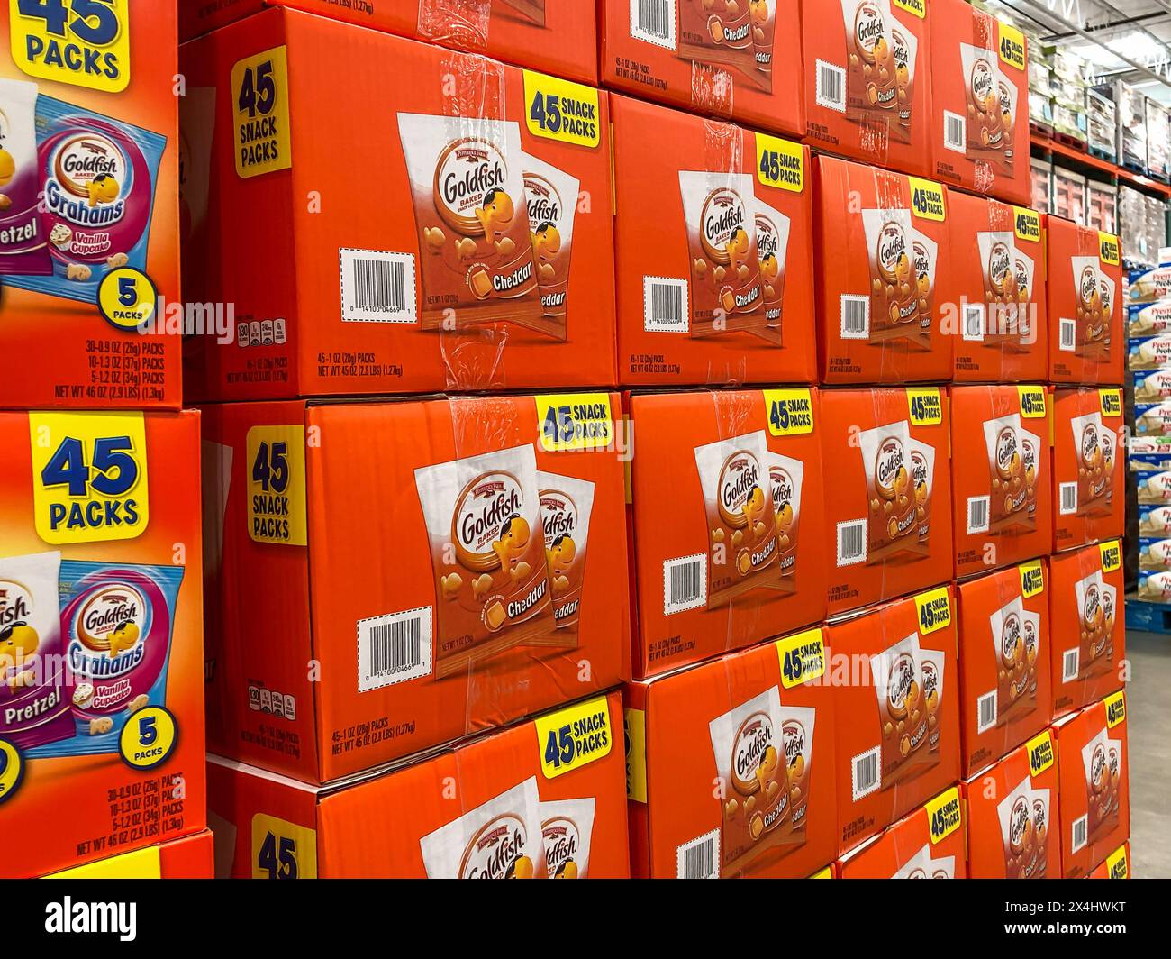 BAXTER, MN - 3 FEB 2021: Store display of boxes of Goldfish baked snack crackers. Pepperidge Farm is an American commercial bakery founded in 1937 Stock Photo