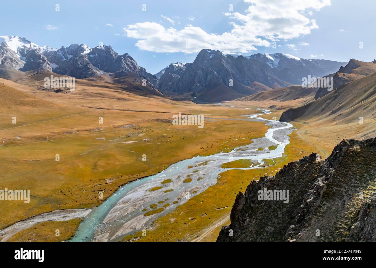 Aerial view, River Kol Suu winds through a mountain valley with hills covered with yellow grass, Pointed high mountain peaks with glaciers, Keltan Stock Photo