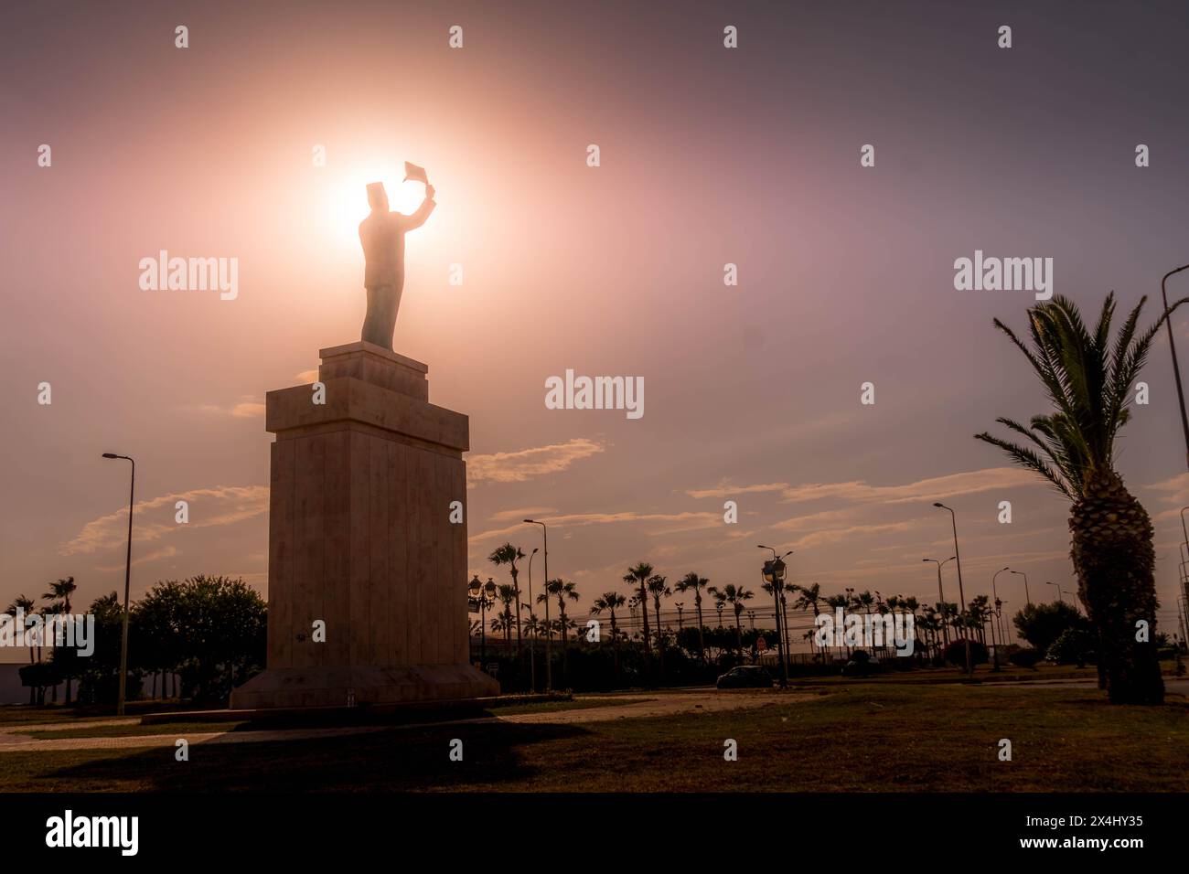 The monument of Habib Bourguiba, a historic Tunisian politician and the former president, in the center of Tunis during summer heat wave. Stock Photo