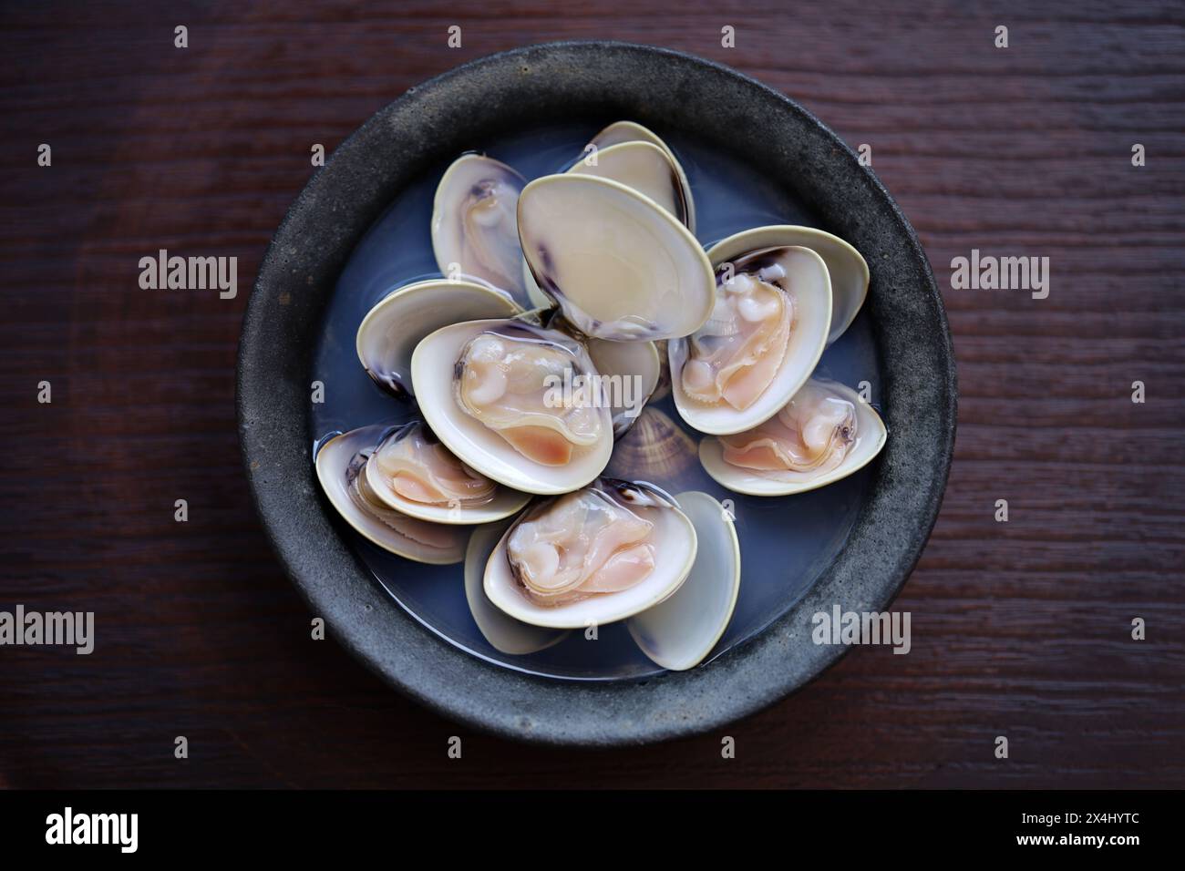 steamed Hamaguri clams with Japanese rice wine (sake). Stock Photo