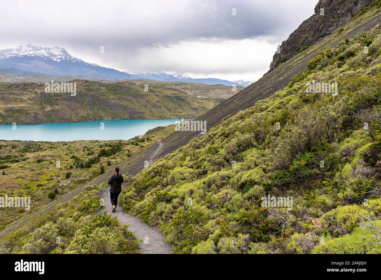 Young woman hikes to Toro lake lookout, Torres de Paine, Magallanes and Chilean Antarctica, Chile, South America Stock Photo
