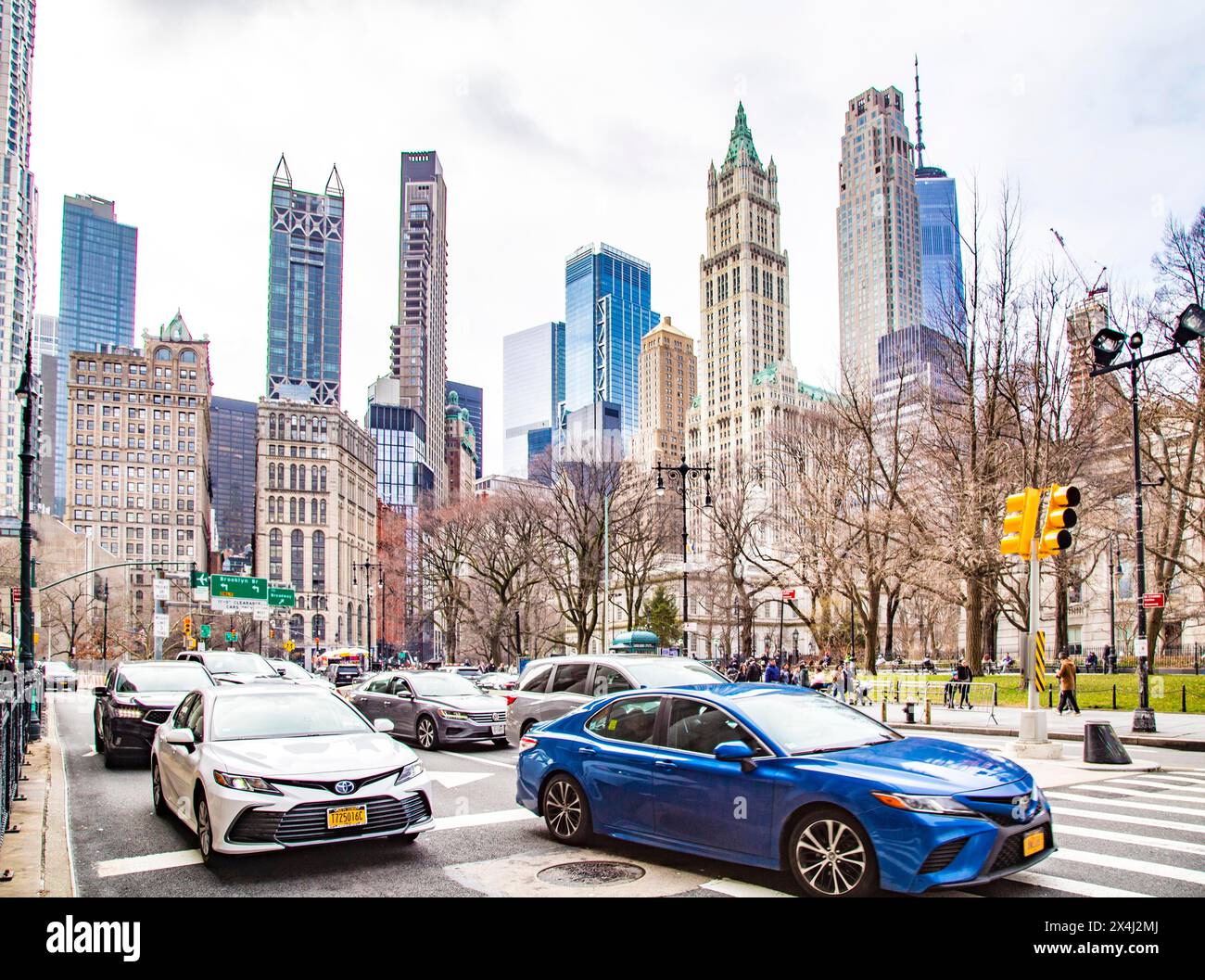 Thomas Paine Park and the historic skyscrapers of Lower Manhattan, New York City Stock Photo