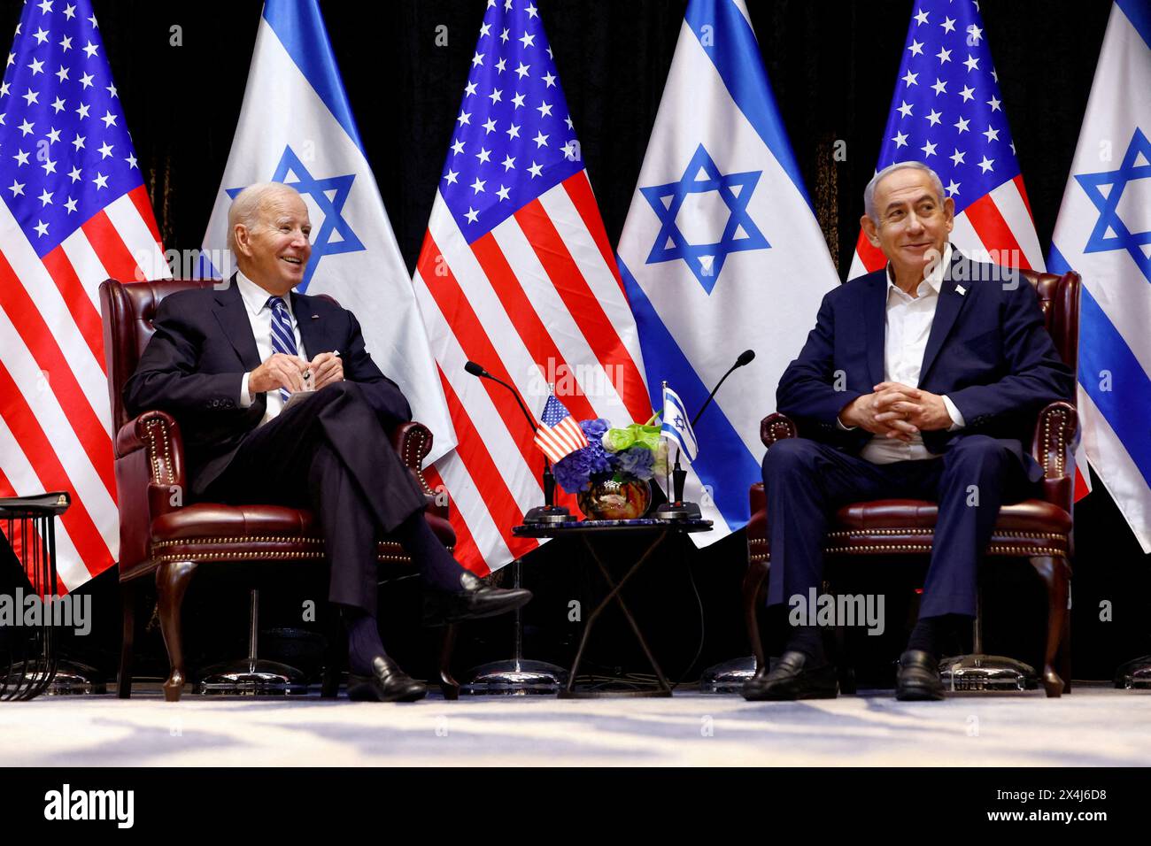 President Joe Biden and Israeli Prime Minister Benjamin Netanyahu participate in an expanded bilateral meeting with Israeli and U.S. government offici Stock Photo