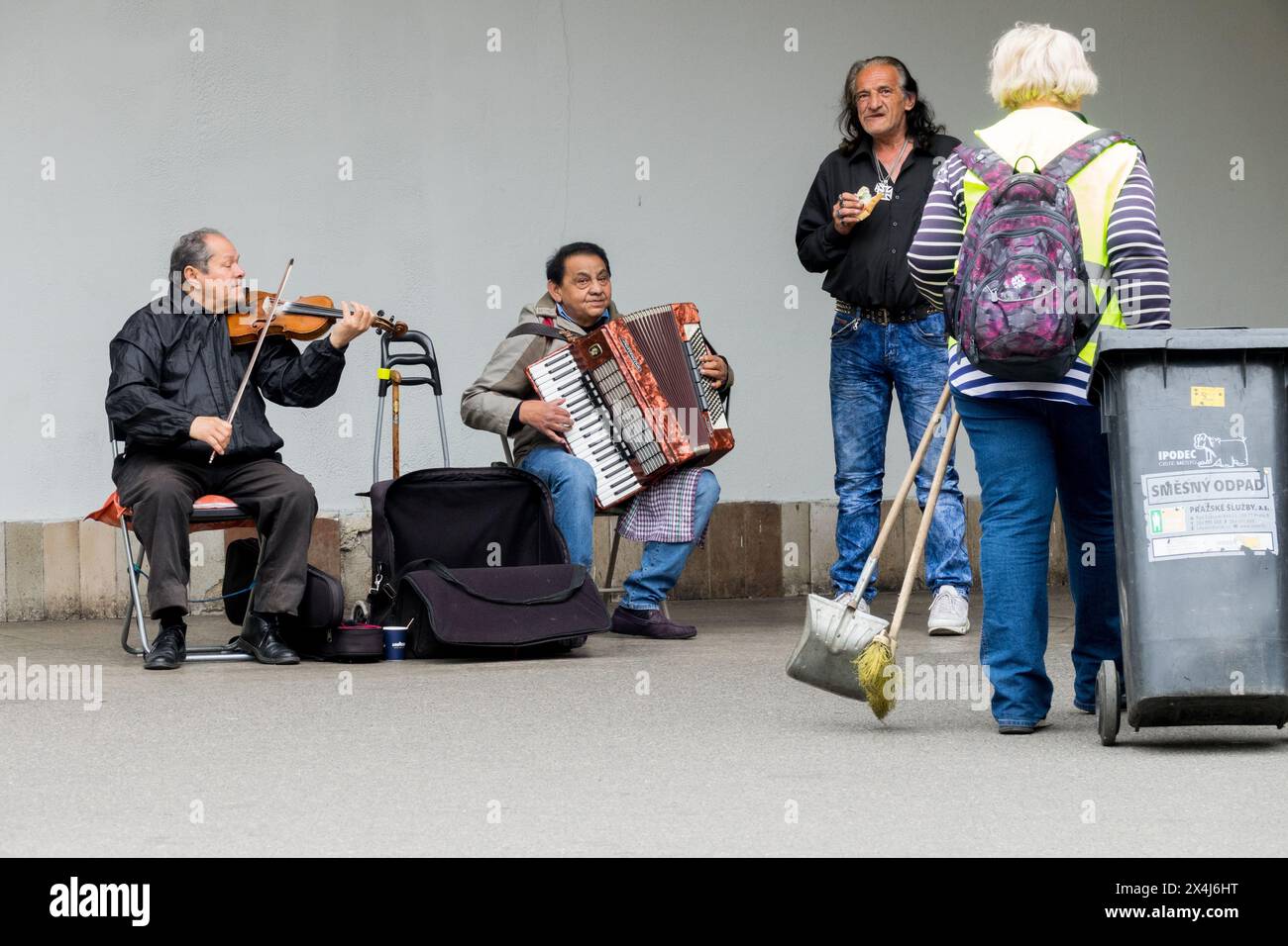 Roma street musicians Accordionist Violinist Buskers Prague Stock Photo