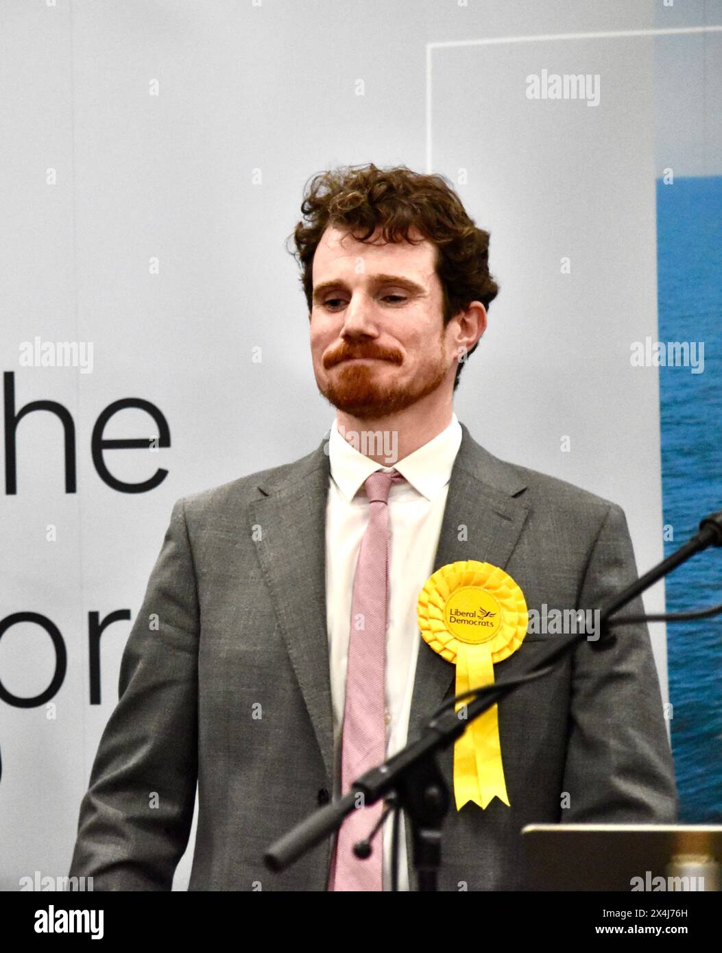 Stockton-on-Tees, UK. 03 May 2024. Liberal Democrats candidate Simon Thorley looks dejected as Bern Houchen is announced as Tees Valley Mayor, for a third time. Credit: James Hind/Alamy Live News. Stock Photo