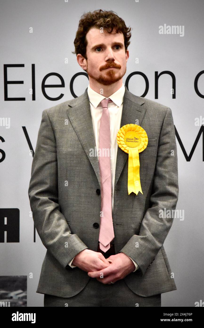 Stockton-on-Tees, UK. 03 May 2024. Simon Thorley (Liberal Democrats candidate) pictured as the result is announced at the highly anticipated 2024 election for Tees Valley Mayor. Credit: James Hind/Alamy Live News. Stock Photo