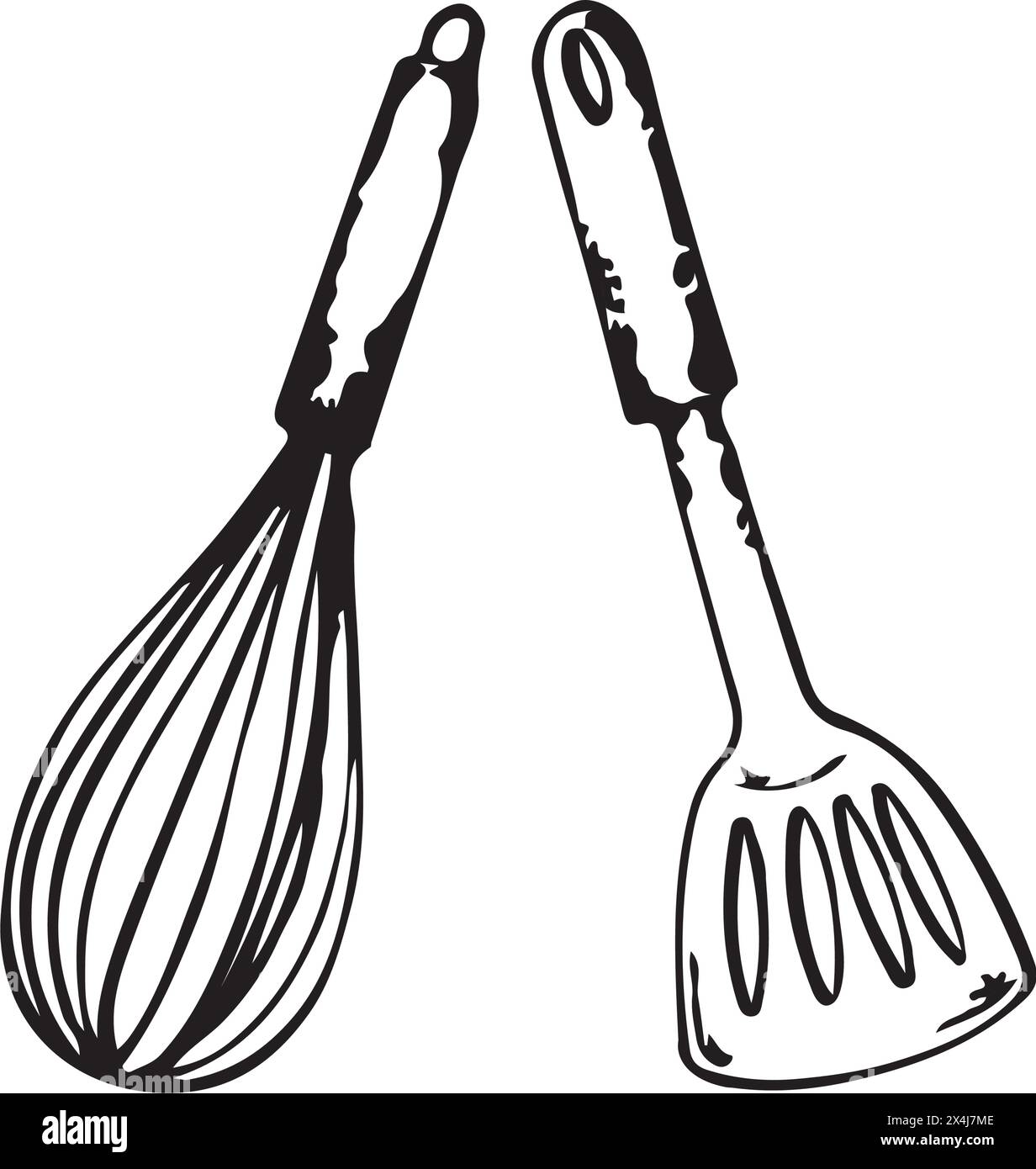 Set of vector illustrations. Kitchen utensils, meat spatula, whisk for