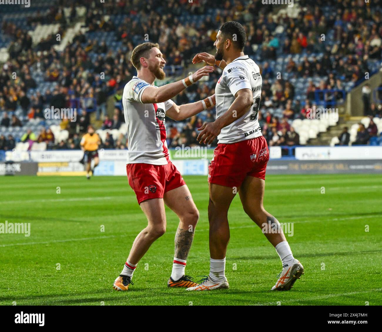 Nene Macdonald of Salford Red Devils celebrates his try during the Betfred Super League Round 10 match Huddersfield Giants vs Salford Red Devils at John Smith's Stadium, Huddersfield, United Kingdom, 3rd May 2024  (Photo by Craig Thomas/News Images) Stock Photo