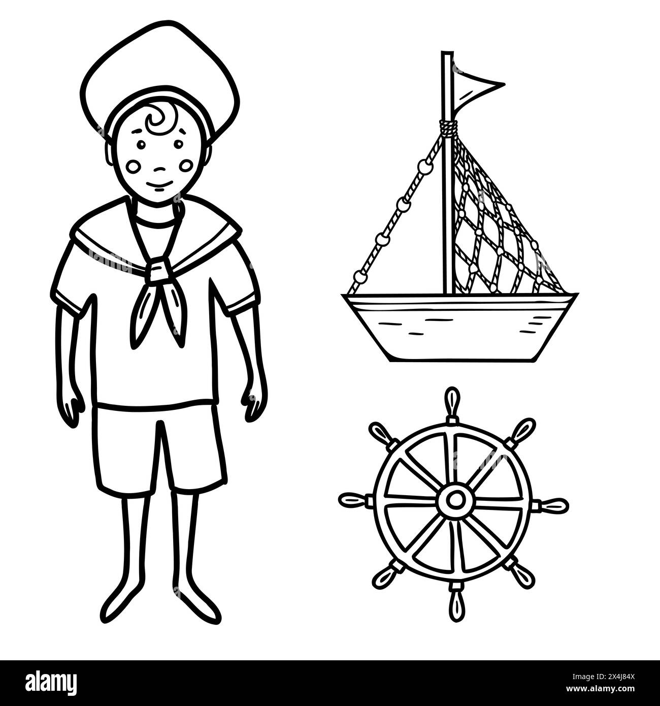 Marine set of little sailor boy, cute ship, boat and steering wheel illustration in doodle style isolated. Stock Vector