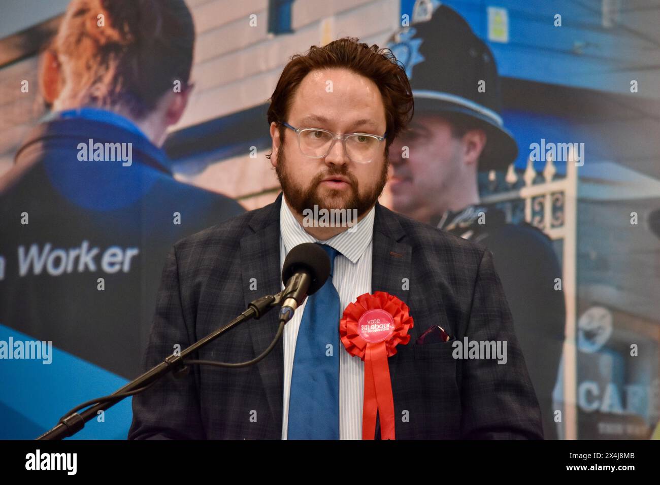 Stockton-on-Tees, UK. 03 May 2024. Labour’s Matt Storey (pictured) has been elected Cleveland’s Police and Crime Commissioner for Cleveland. He replaces Steve Turner (Conservative). Credit: James Hind/Alamy Live News. Stock Photo