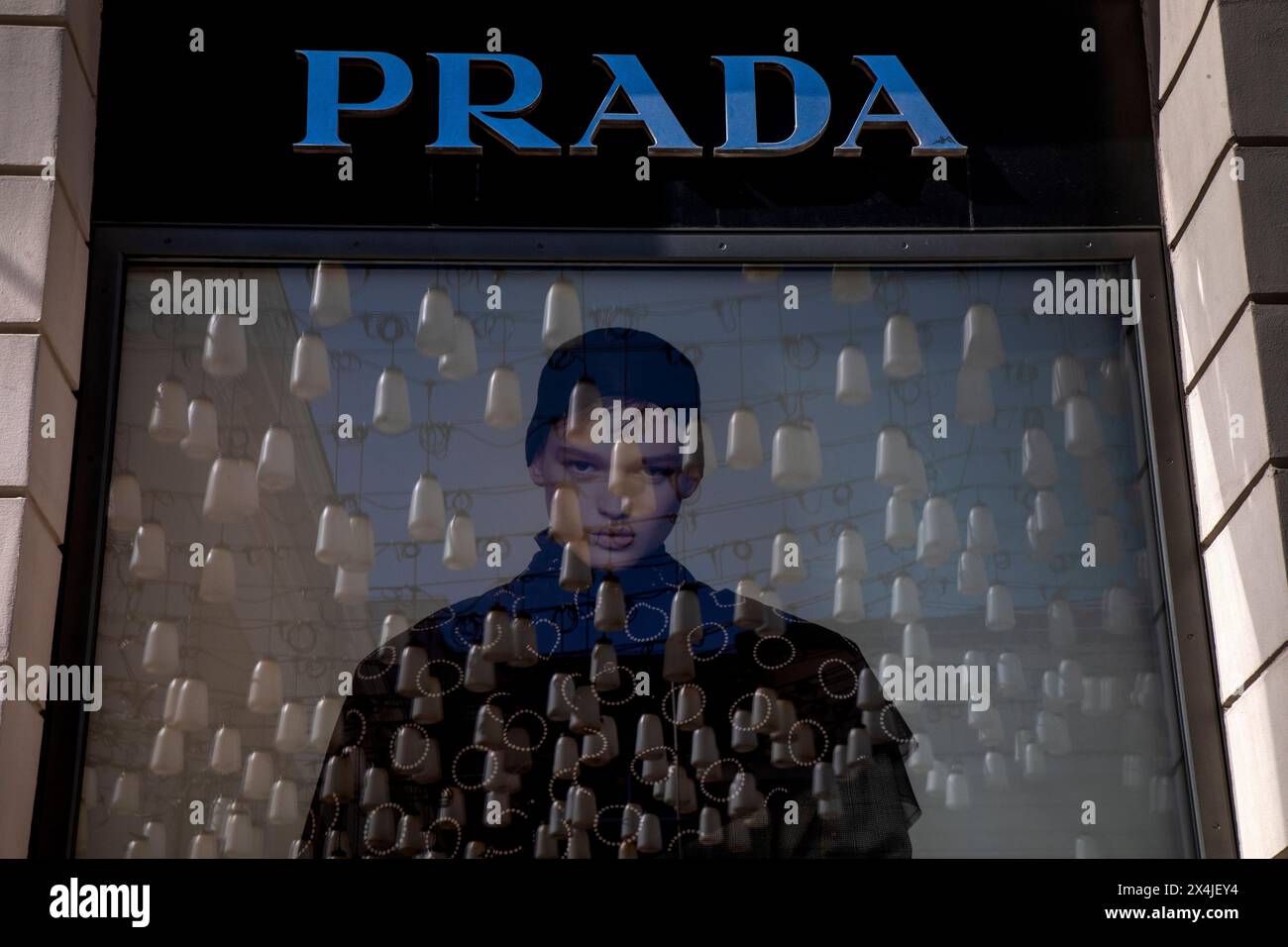 Moscow, Russia. 3rd of May, 2024. Closeup view of a advertising banner of the Prada brand of luxury fashionable clothes, bags and accessories in Stoleshnikov Lane in the center of Moscow, Russia Stock Photo