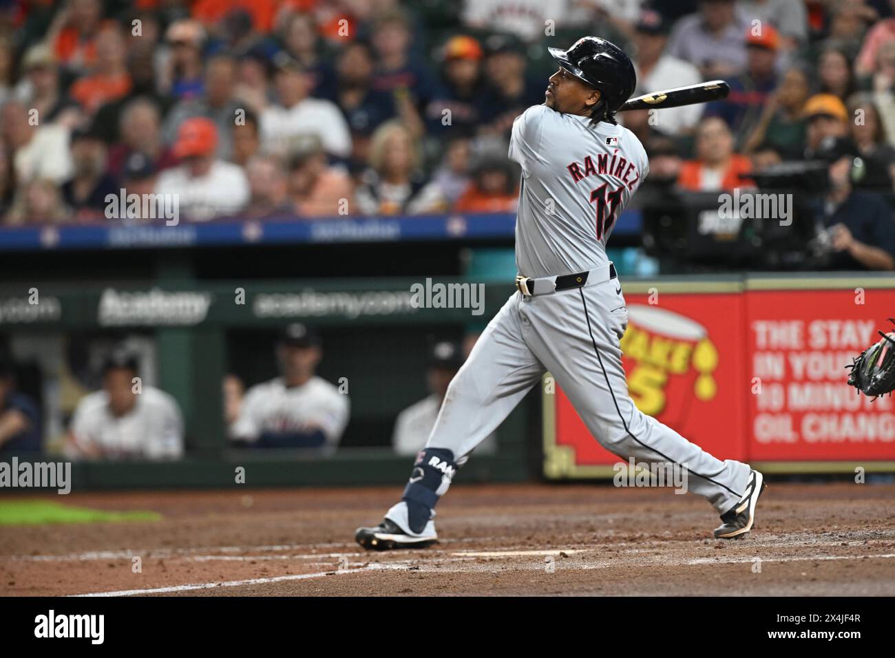 Cleveland Guardians third base José Ramírez (11) lines out to right in ...