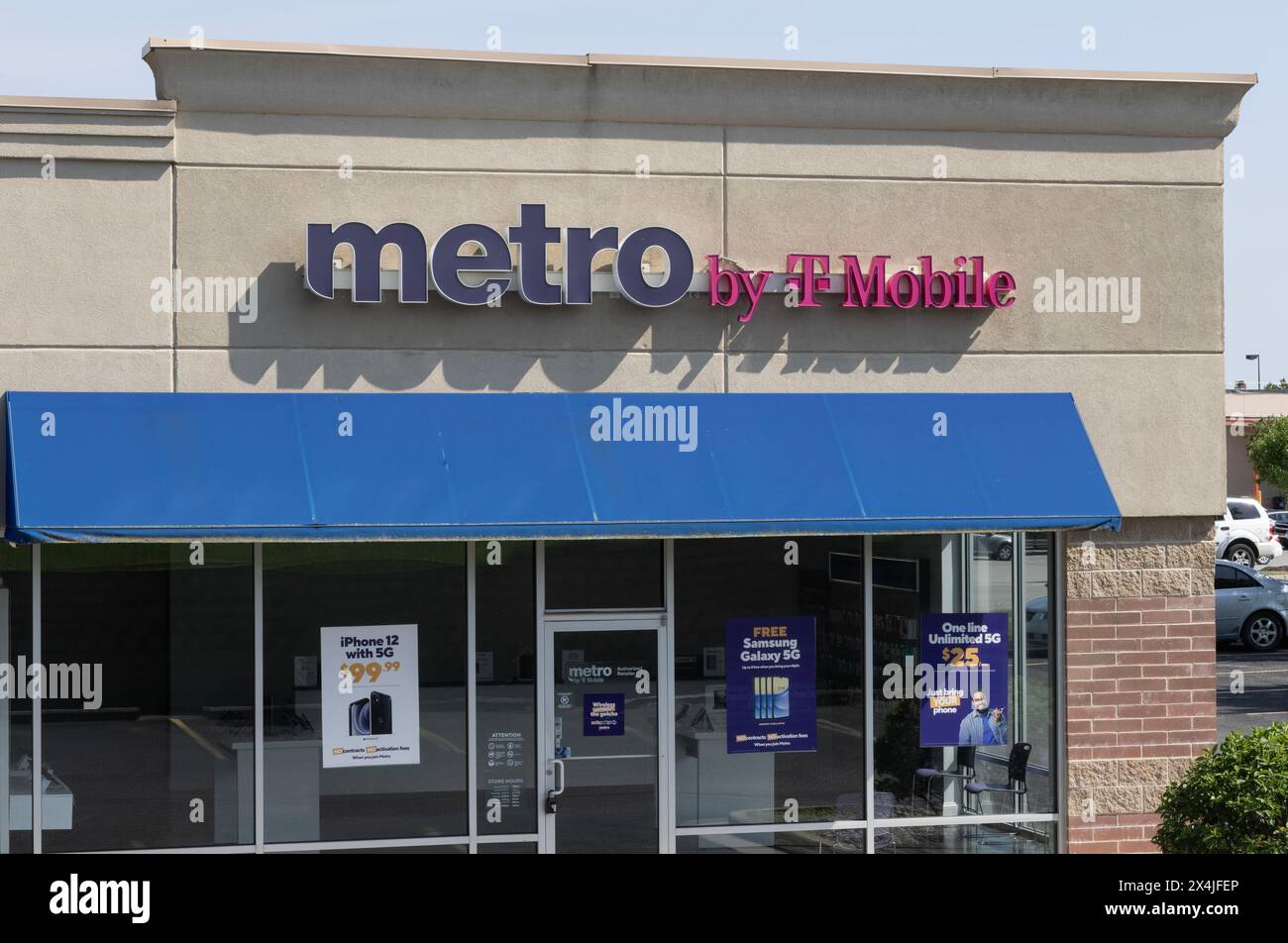 Logansport - May 2, 2024: Metro by T-Mobile cell phone store. Metro by T-Mobile is a prepaid virtual wireless and cell phone service provider. Stock Photo