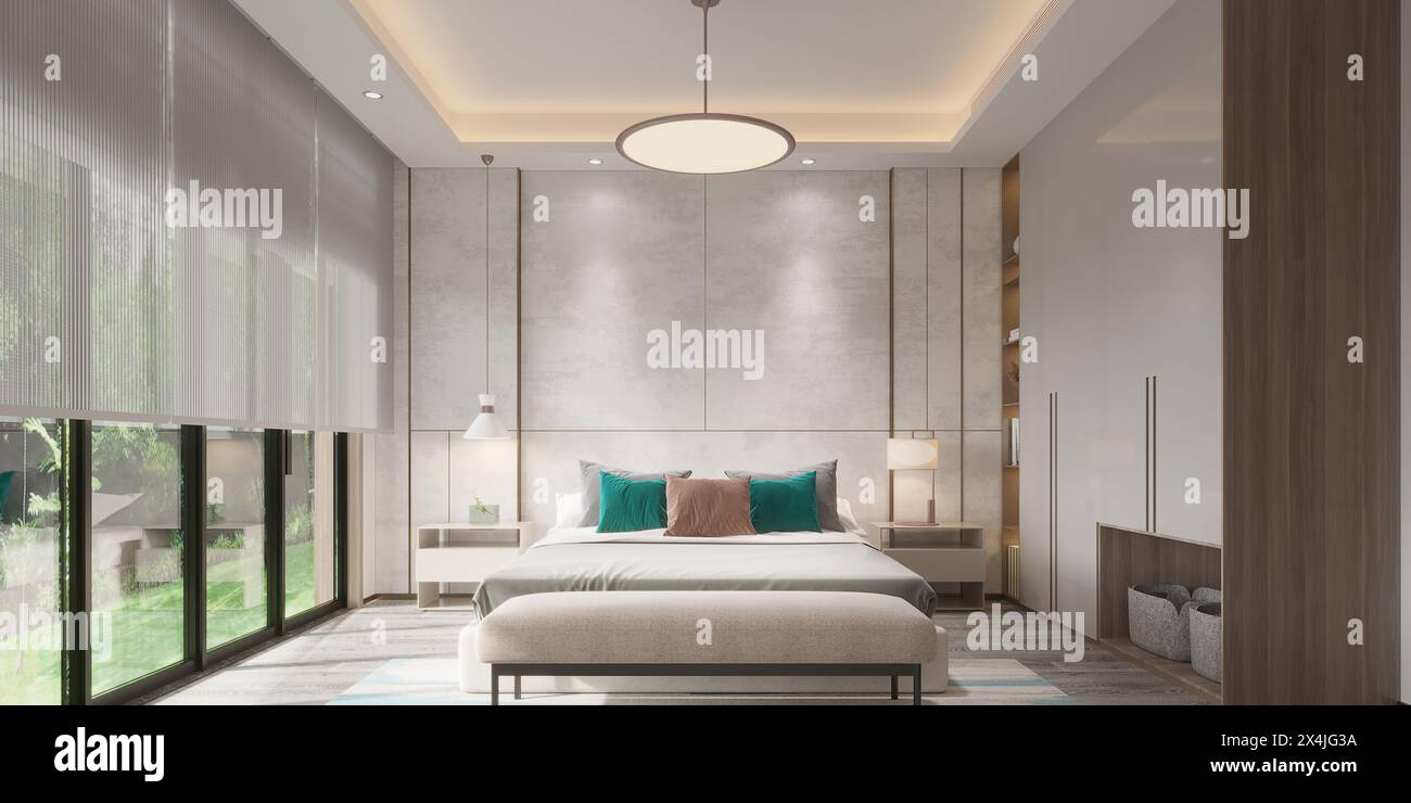 3d render of hotel room, bedroom Stock Photo