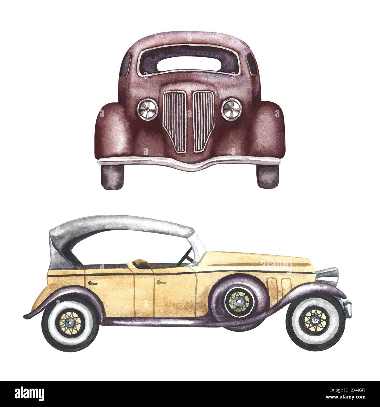 Vintage retro cars in ocher and dark red. A set of watercolor illustrations are made by hand, in isolation. Front and side view. For banners, flyers, Stock Photo
