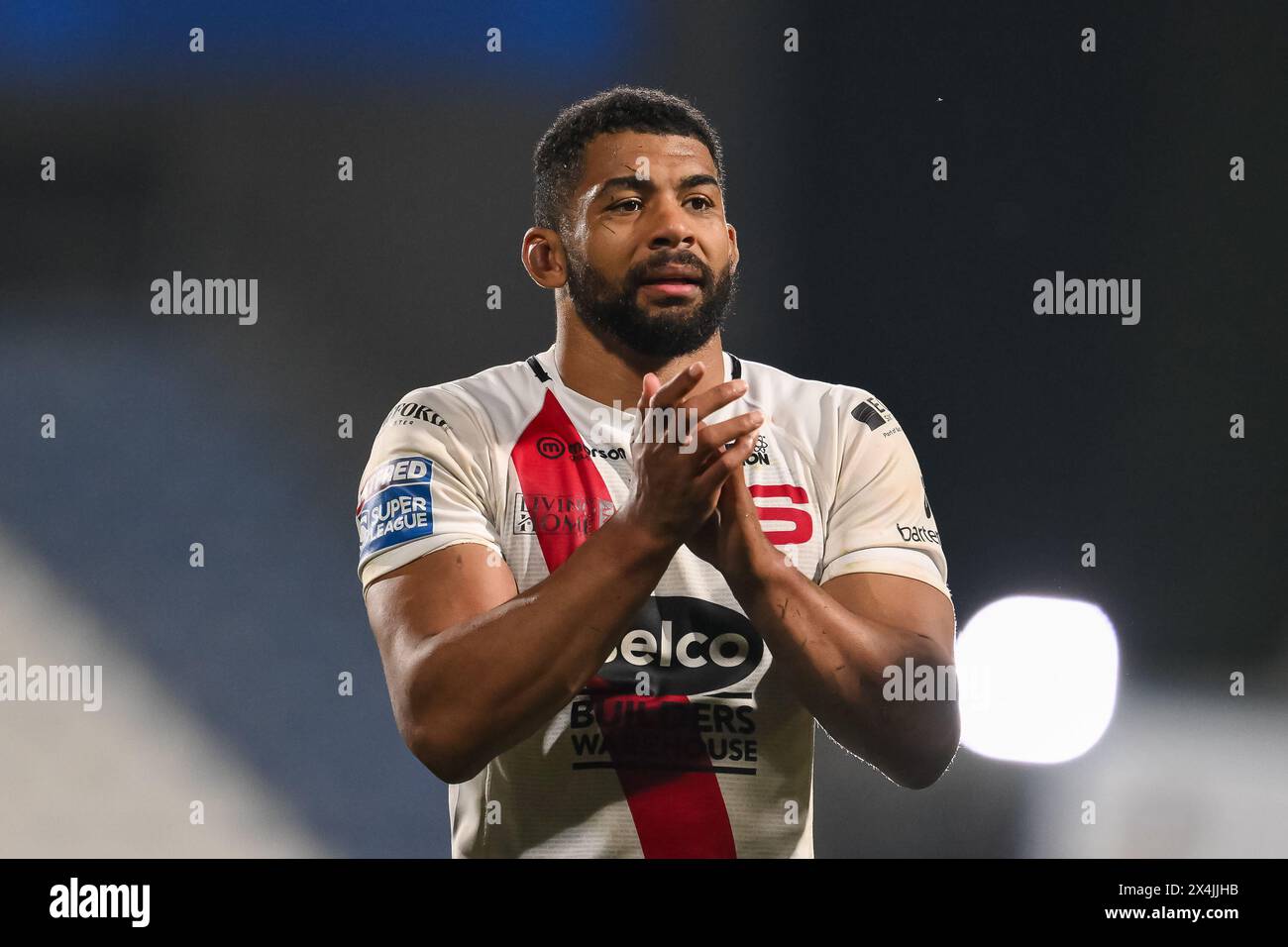 Kallum Watkins of Salford Red Devils applauds the fans at the end of the Betfred Super League Round 10 match Huddersfield Giants vs Salford Red Devils at John Smith's Stadium, Huddersfield, United Kingdom, 3rd May 2024  (Photo by Craig Thomas/News Images) Stock Photo