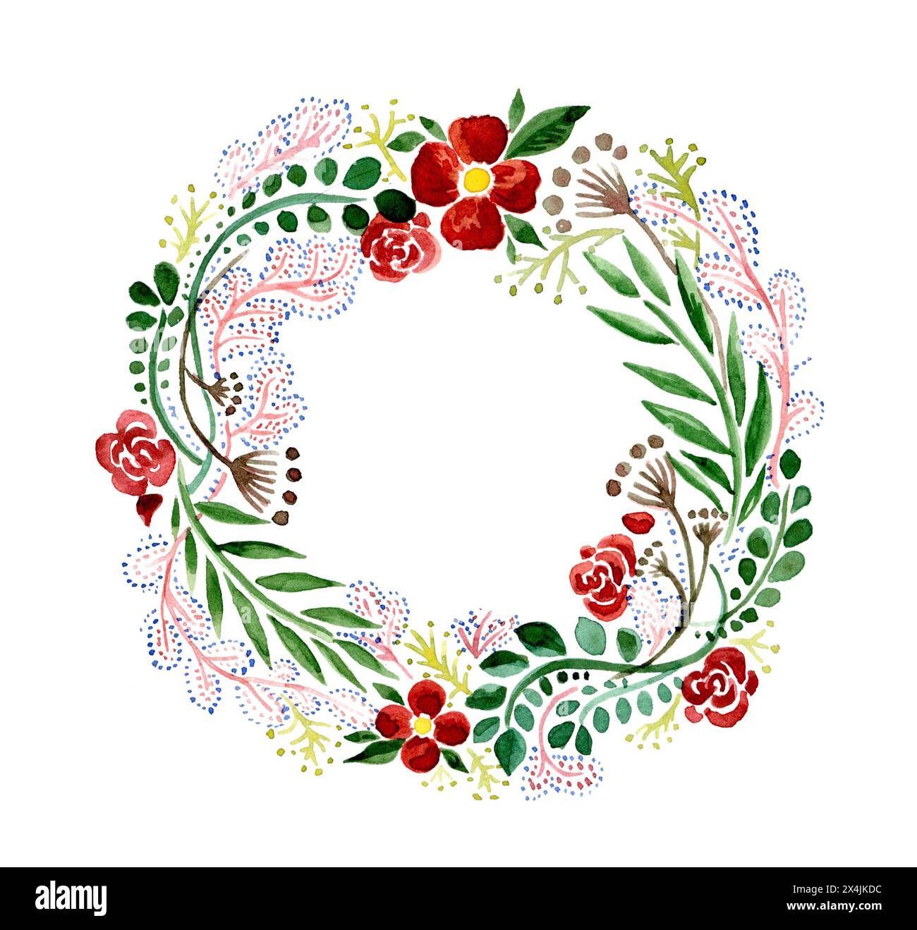 Watercolor floral wreath with red flowers and green leaves. Stylized ...