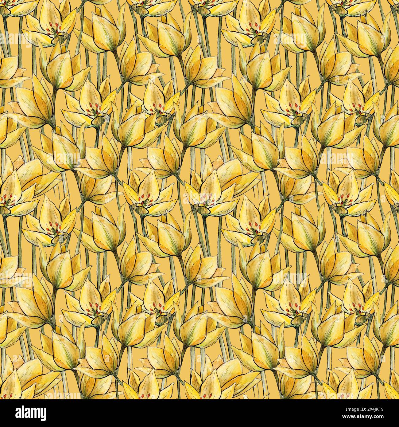 Seamless pattern with yellow tulips on a yellow background. Watercolor ...