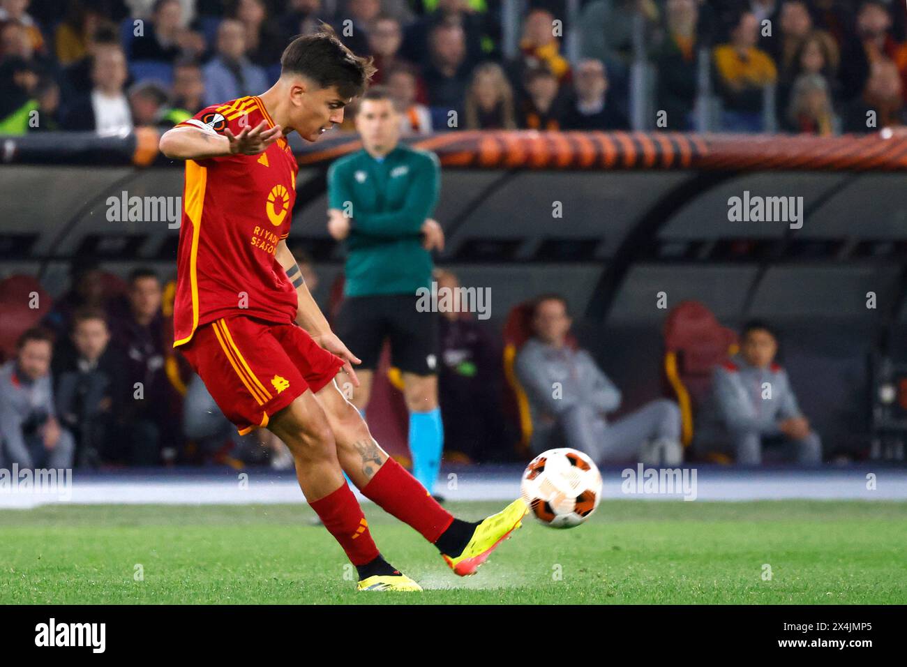 Rome, Italy, May 2, 2024. Paulo Dybala, of AS Roma, kicks the ball during the UEFA Europa League semifinal first leg football match between Roma and Bayer Leverkusen at the Olympic Stadium. Stock Photo