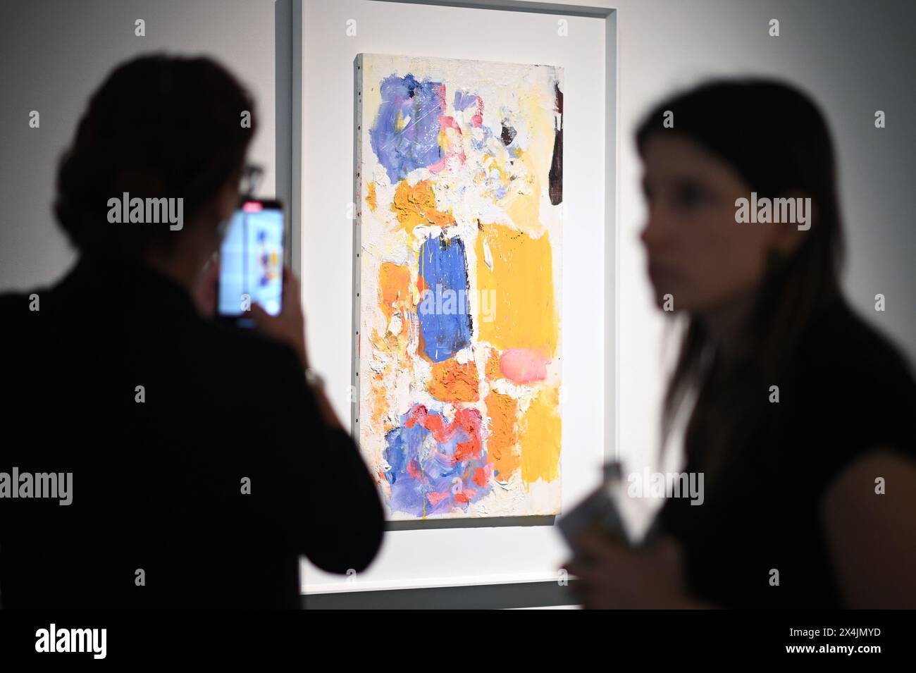 New York, USA. 03rd May, 2024. A visitor view artist Joan Mitchell's painting Untitled painting - estimated at $1M to $1.5M, on opening day of public exhibitions for Sotheby's marquee contemporary and Modern art auctions, New York, NY, May 3, 2024. (Photo by Anthony Behar/Sipa USA) Credit: Sipa USA/Alamy Live News Stock Photo
