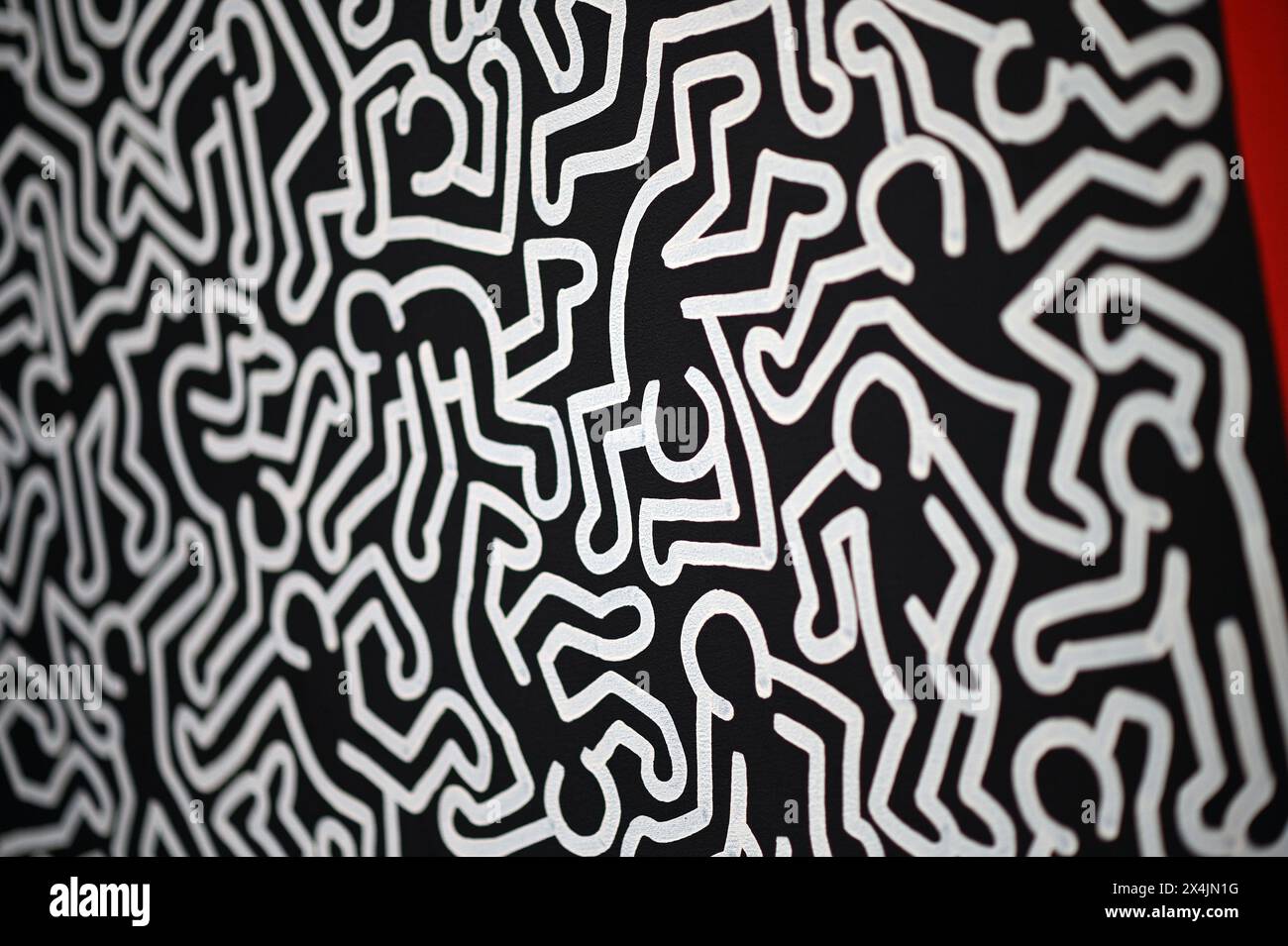 New York, USA. 03rd May, 2024. Close up view of an untitled piece by artist Keith Haring - estimated $4M to $6M - on opening day of public exhibitions for Sotheby's marquee contemporary and Modern art auctions, New York, NY, May 3, 2024. (Photo by Anthony Behar/Sipa USA) Credit: Sipa USA/Alamy Live News Stock Photo