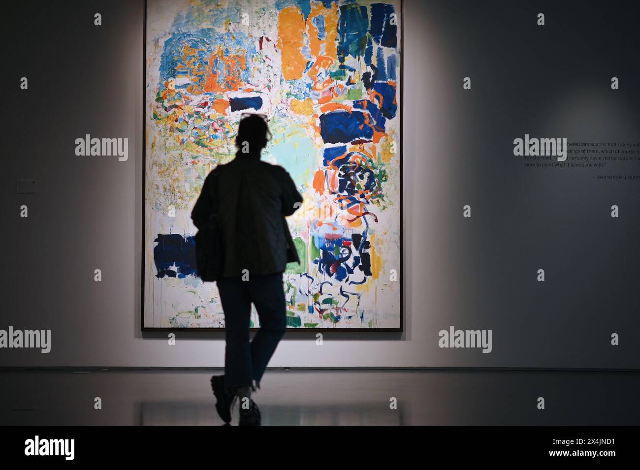 New York, USA. 03rd May, 2024. A visitor stands in front of artist Joan Mitchell's painting titles 'Noon' - estimated at $15M to $20M, on opening day of public exhibitions for Sotheby's marquee contemporary and Modern art auctions, New York, NY, May 3, 2024. (Photo by Anthony Behar/Sipa USA) Credit: Sipa USA/Alamy Live News Stock Photo