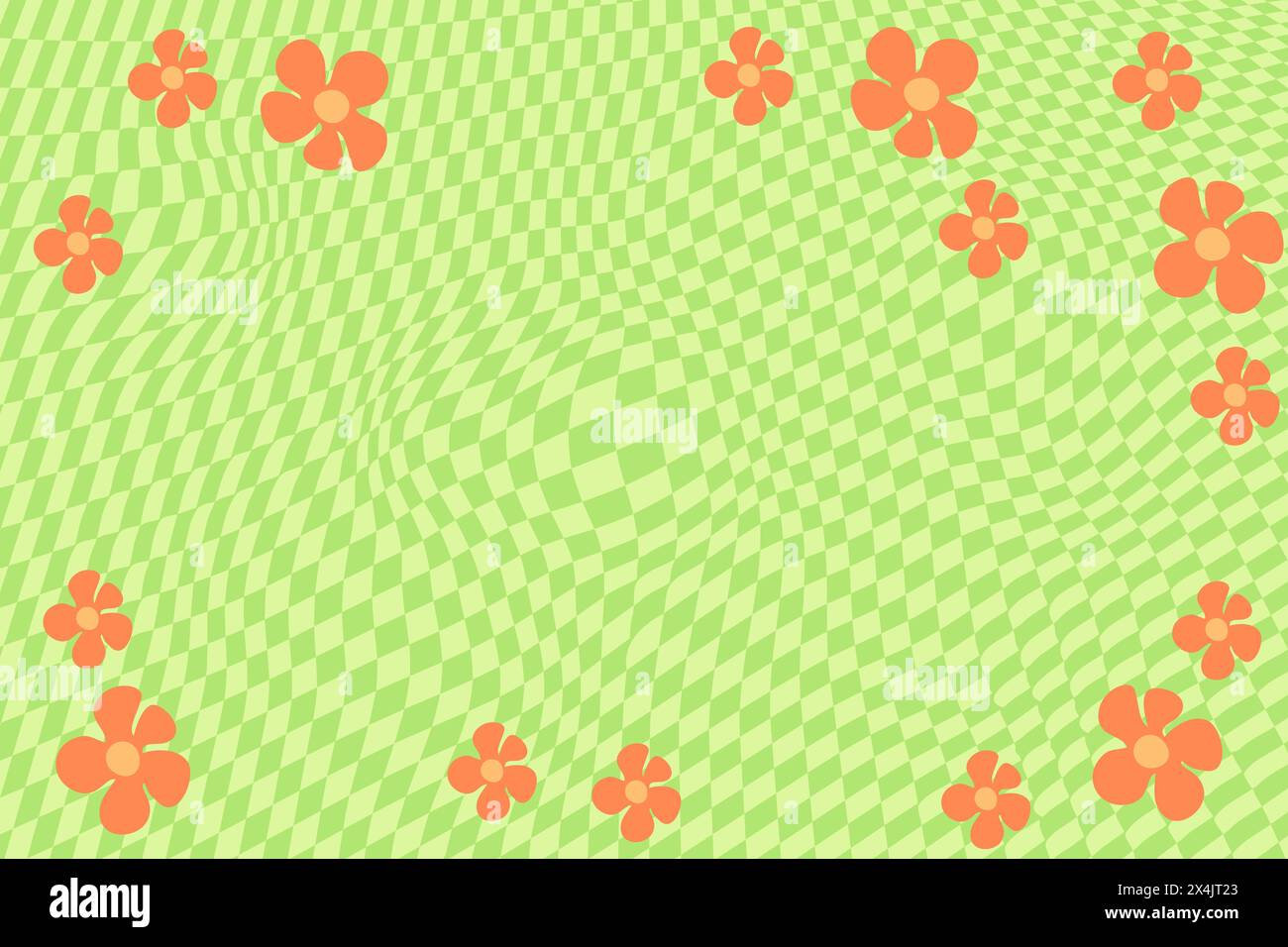Green retro psychedelic checkerboard pattern with orange flowers ...