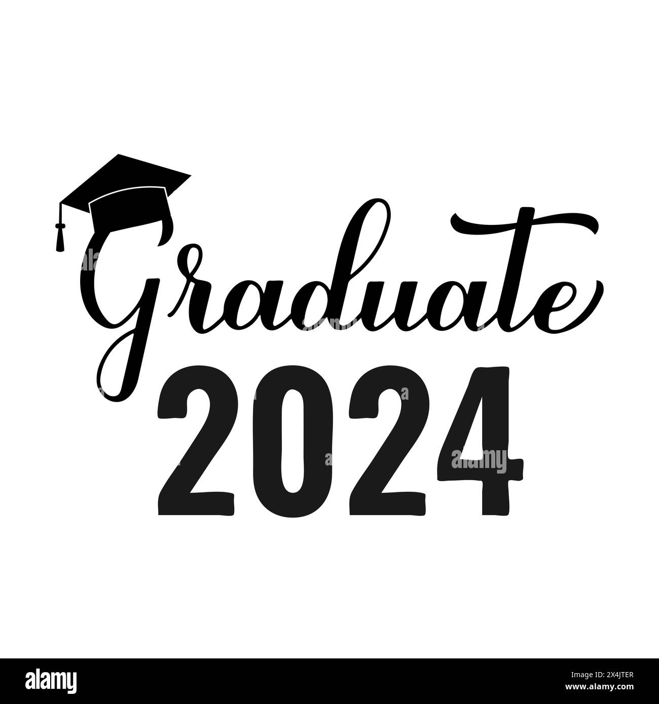 Graduate 2024 lettering with graduation cap isolated on white. Class of