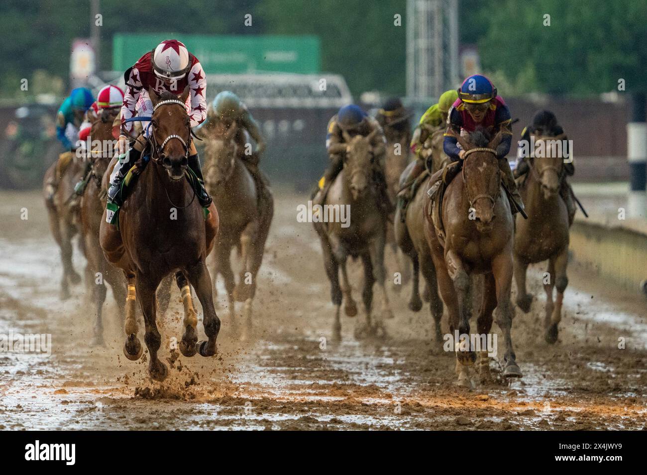 Louisville, United States. 03rd May, 2024. Thorpedo Anna (L), ridden by Brian Heernandez, Jr., crosses the finish line to win the Kentucky Oaks at Churchill Downs in Louisville, Kentucky on Friday, May 3, 2024. Photo by Pat Benic/UPI Credit: UPI/Alamy Live News Stock Photo