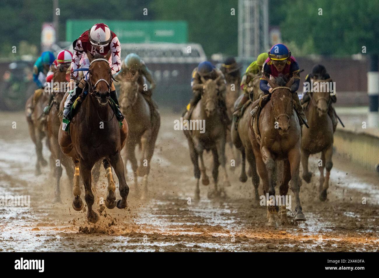 Louisville, United States. 03rd May, 2024. Thorpedo Anna (L), ridden by Brian Hernandez, Jr., crosses the finish line to win the Kentucky Oaks at Churchill Downs in Louisville, Kentucky on Friday, May 3, 2024. Photo by Pat Benic/UPI Credit: UPI/Alamy Live News Stock Photo