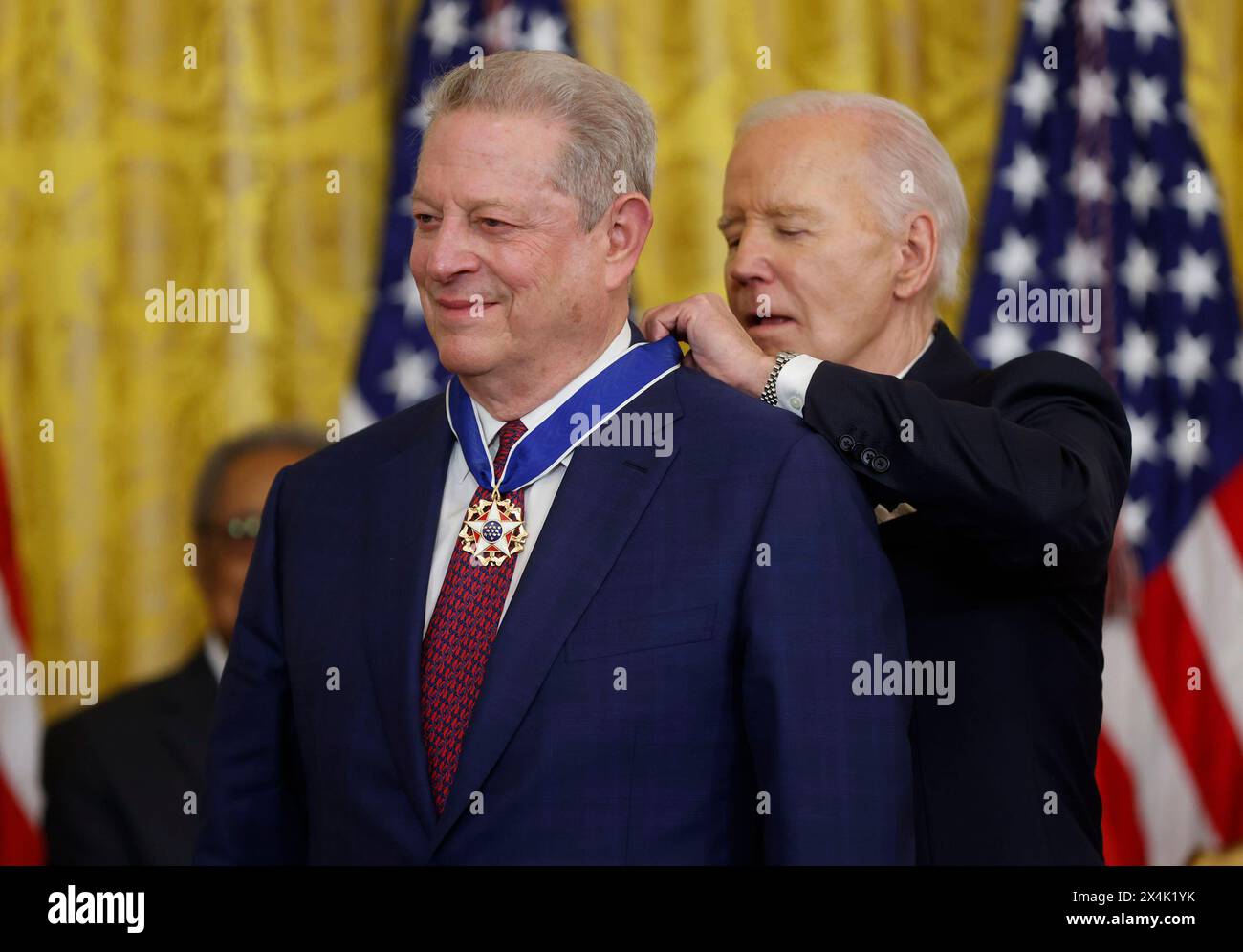 Washington, United States. 03rd May, 2024. President Joe Biden presents former Vice President Al Gore with the Presidential Medal of Freedom, the nationÕs highest civilian honor, during a ceremony in the East Room of the White House in Washington DC on Friday, May 3, 2024. Photo by Jonathan Ernst/Pool/Sipa USA Credit: Sipa USA/Alamy Live News Stock Photo