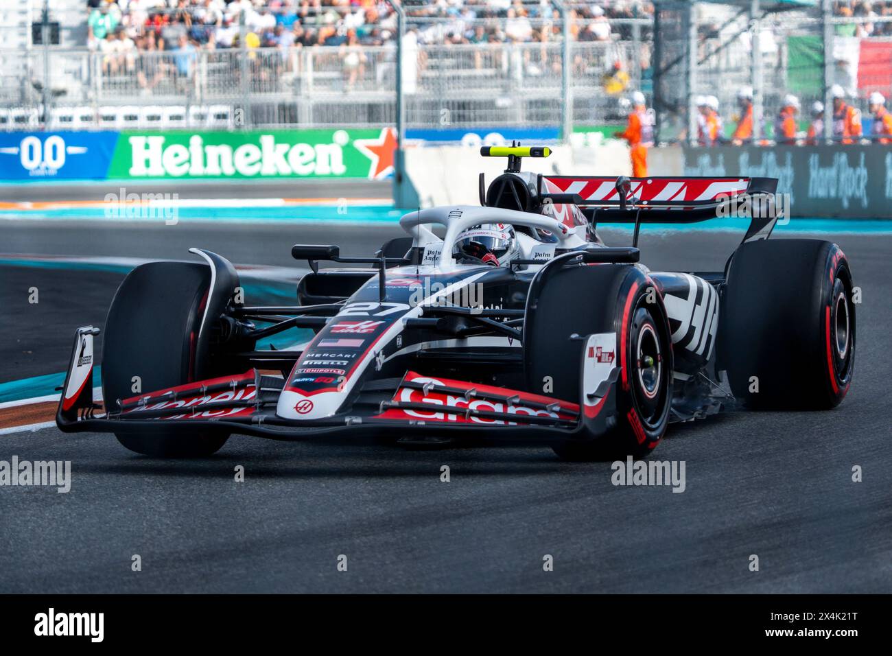 Miami Gardens, United States. 03rd May, 2024. German Formula One driver Nico Hulkenberg of Haas F1 Team adjusts his helmet as he participates in sprint qualifying during the Formula One Miami Grand Prix at the Miami International Autodrome in Miami Gardens, Florida on Friday, May 3, 2024 Photo by Greg Nash/UPI. Credit: UPI/Alamy Live News Stock Photo