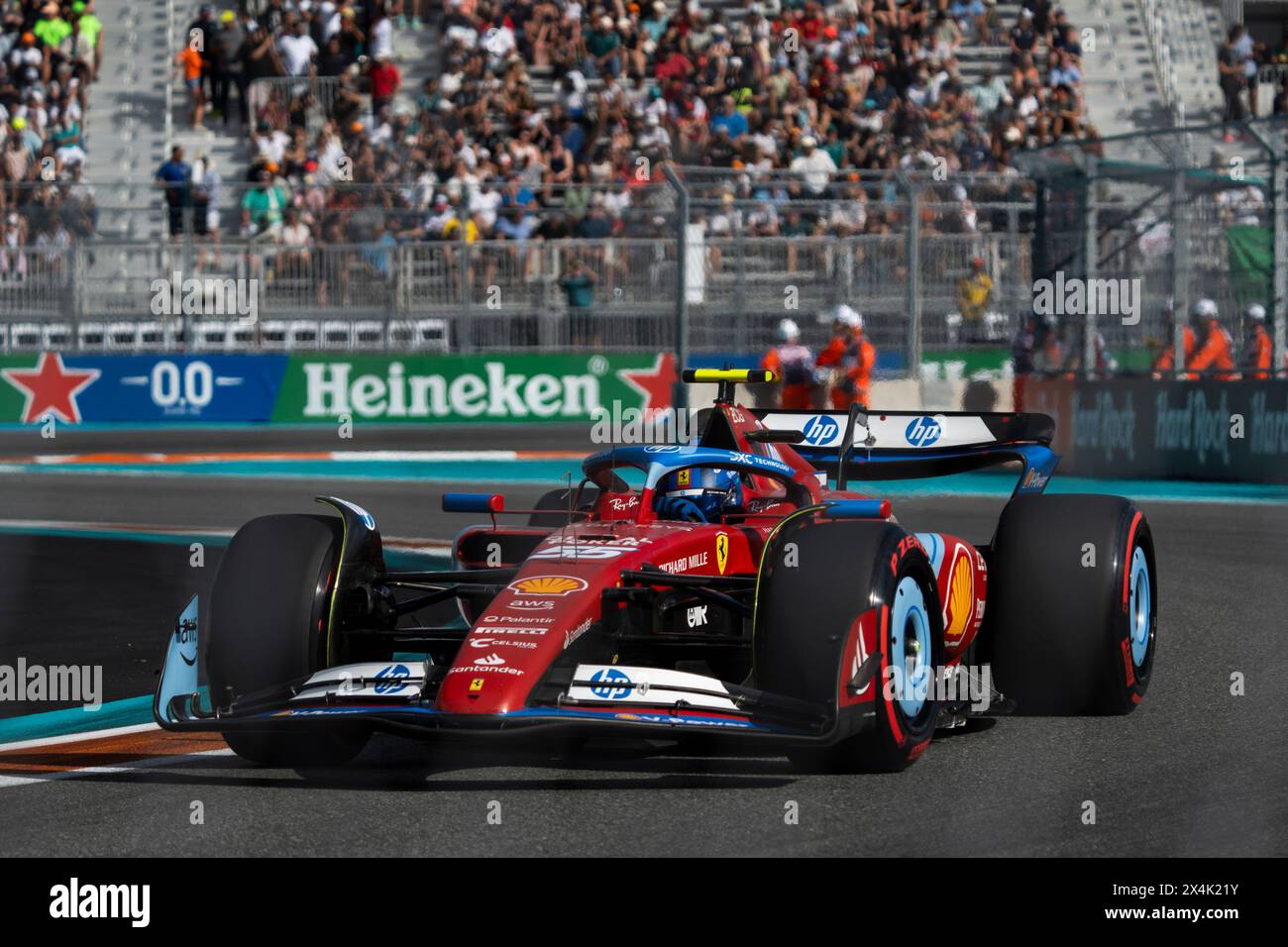 Miami Gardens, United States. 03rd May, 2024. Spanish Formula One driver Carlos Sainz Jr. of Scuderia Ferrari participates in sprint qualifying during the Formula One Miami Grand Prix at the Miami International Autodrome in Miami Gardens, Florida on Friday, May 3, 2024 Photo by Greg Nash/UPI. Credit: UPI/Alamy Live News Stock Photo