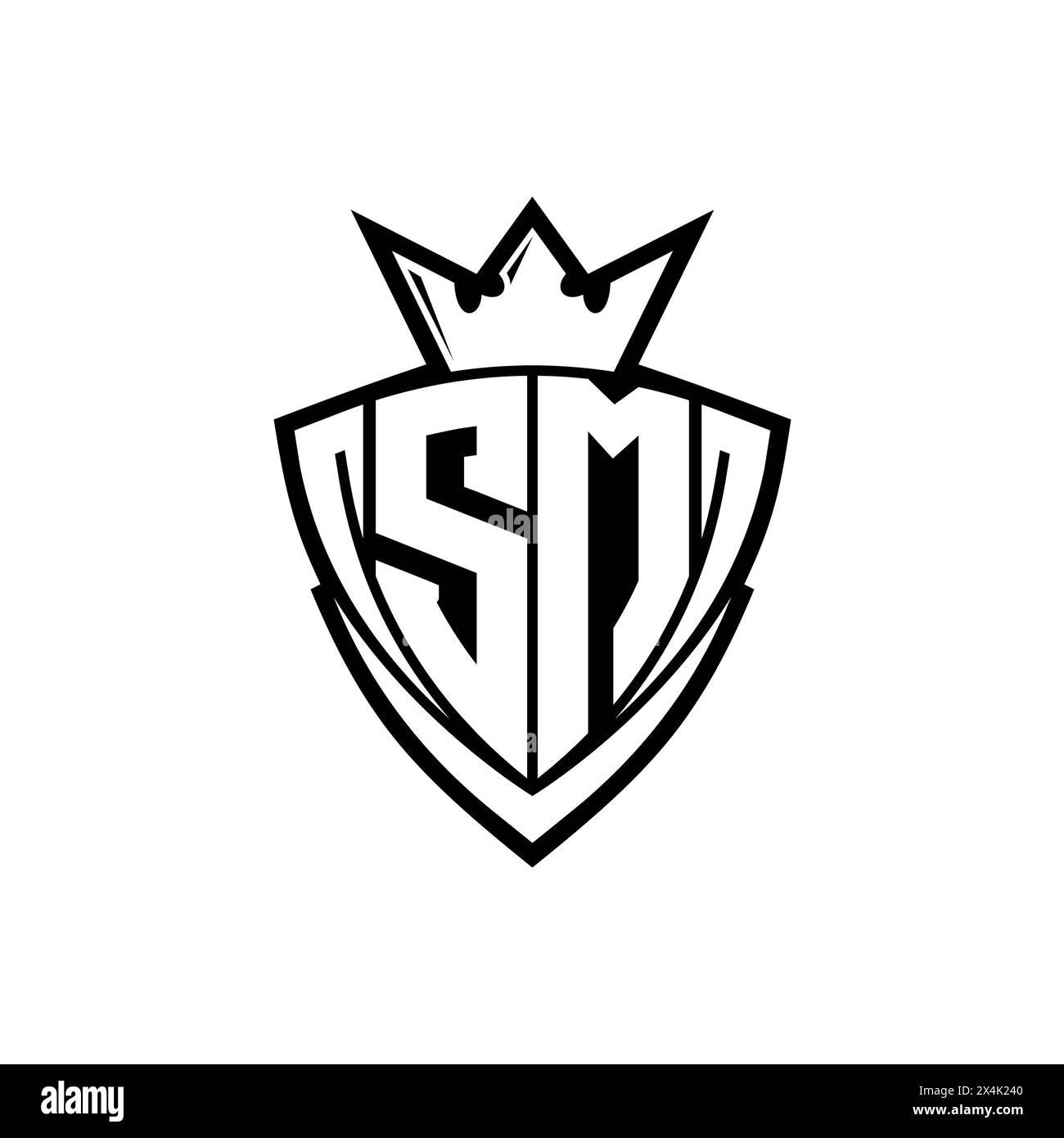 SM Bold letter logo with sharp triangle shield shape with crown inside white outline on white background template design Stock Photo