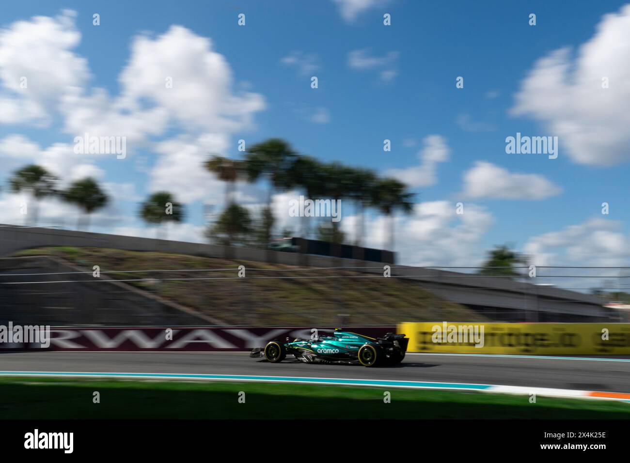 Miami Gardens, United States. 03rd May, 2024. Spanish Formula One driver Fernando Alonso of Aston Martin participates in sprint qualifying during the Formula One Miami Grand Prix at the Miami International Autodrome in Miami Gardens, Florida on Friday, May 3, 2024 Photo by Greg Nash/UPI. Credit: UPI/Alamy Live News Stock Photo